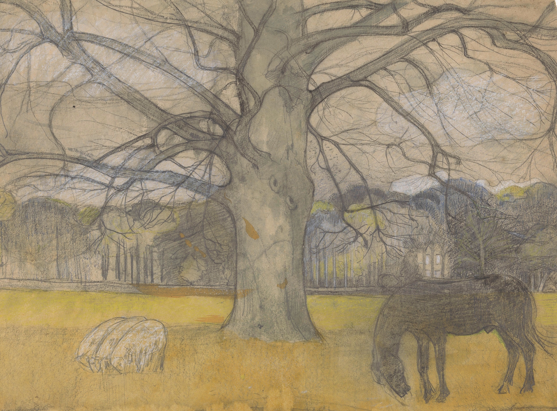 Kale beuk op een weide met schapen en een paard, oil on canvas by Richard Nicolaüs Roland Holst