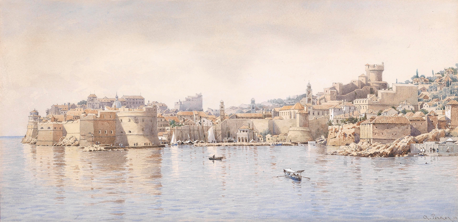 Blick auf Ragusa by Anton Perko, impressionism, depicting flowers and the sea in a vibrant landscape