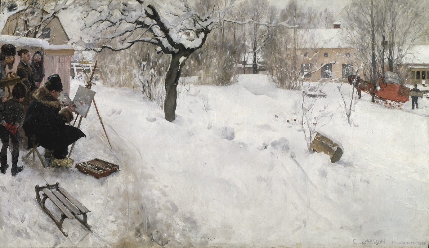 A winter scene depicting an open-air painter in Stockholm.
