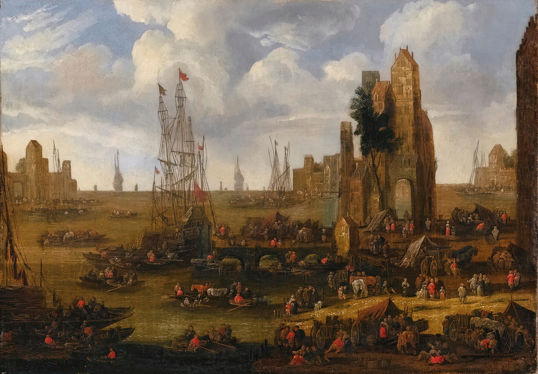 A Capriccio View Of A Busy Harbour Scene With Figures Loading Their Boats, oil on canvas by Pieter Casteels II