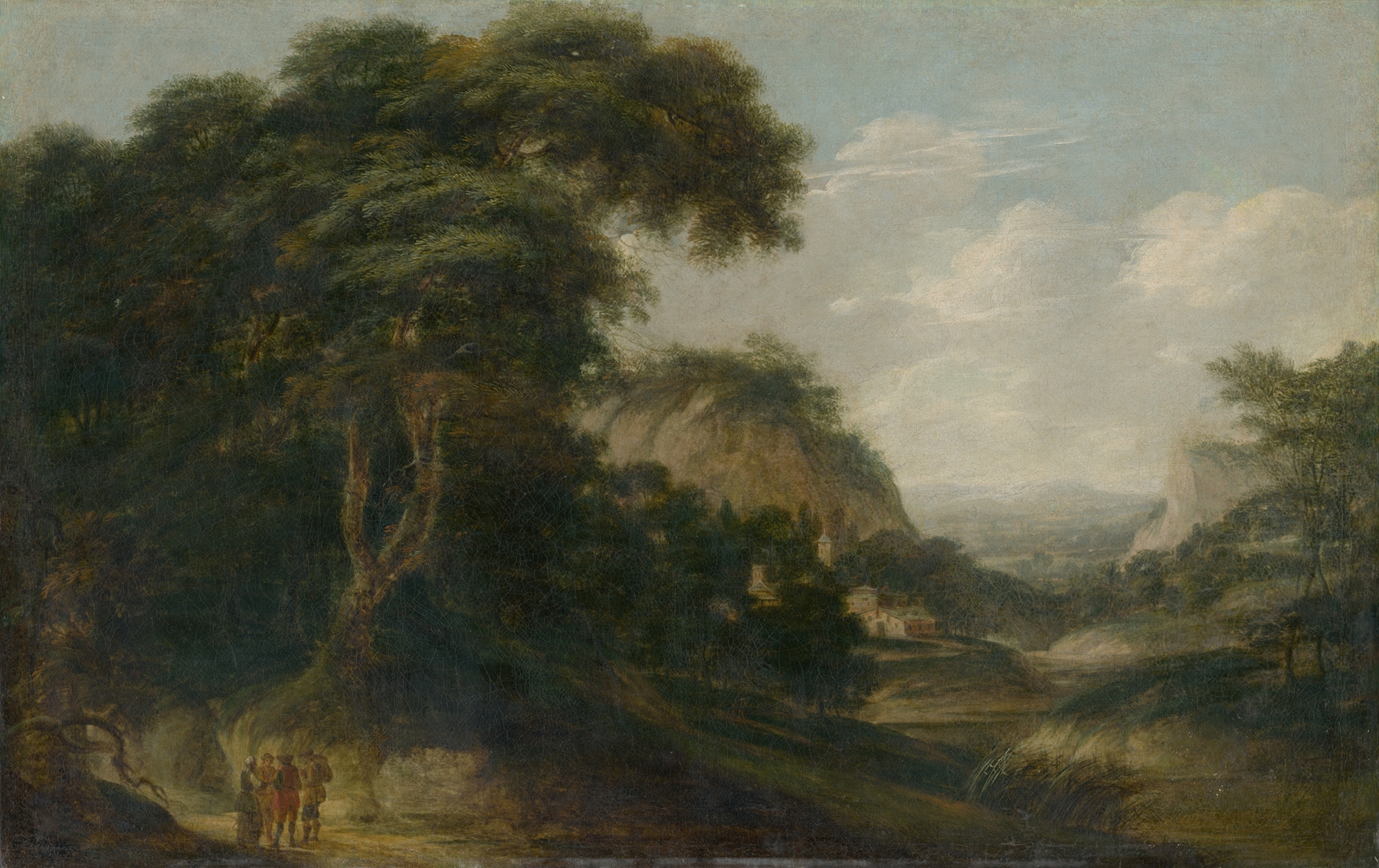 Landscape with figural staffage by Franz Joachim Beich, oil painting depicting serene hills and delicate figures.