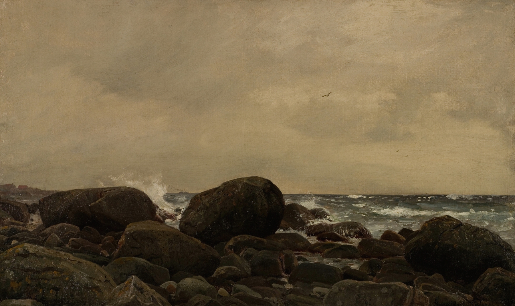 Rainy landscape by Amaldus Nielsen, oil painting with glimmering earth and low-hanging clouds.