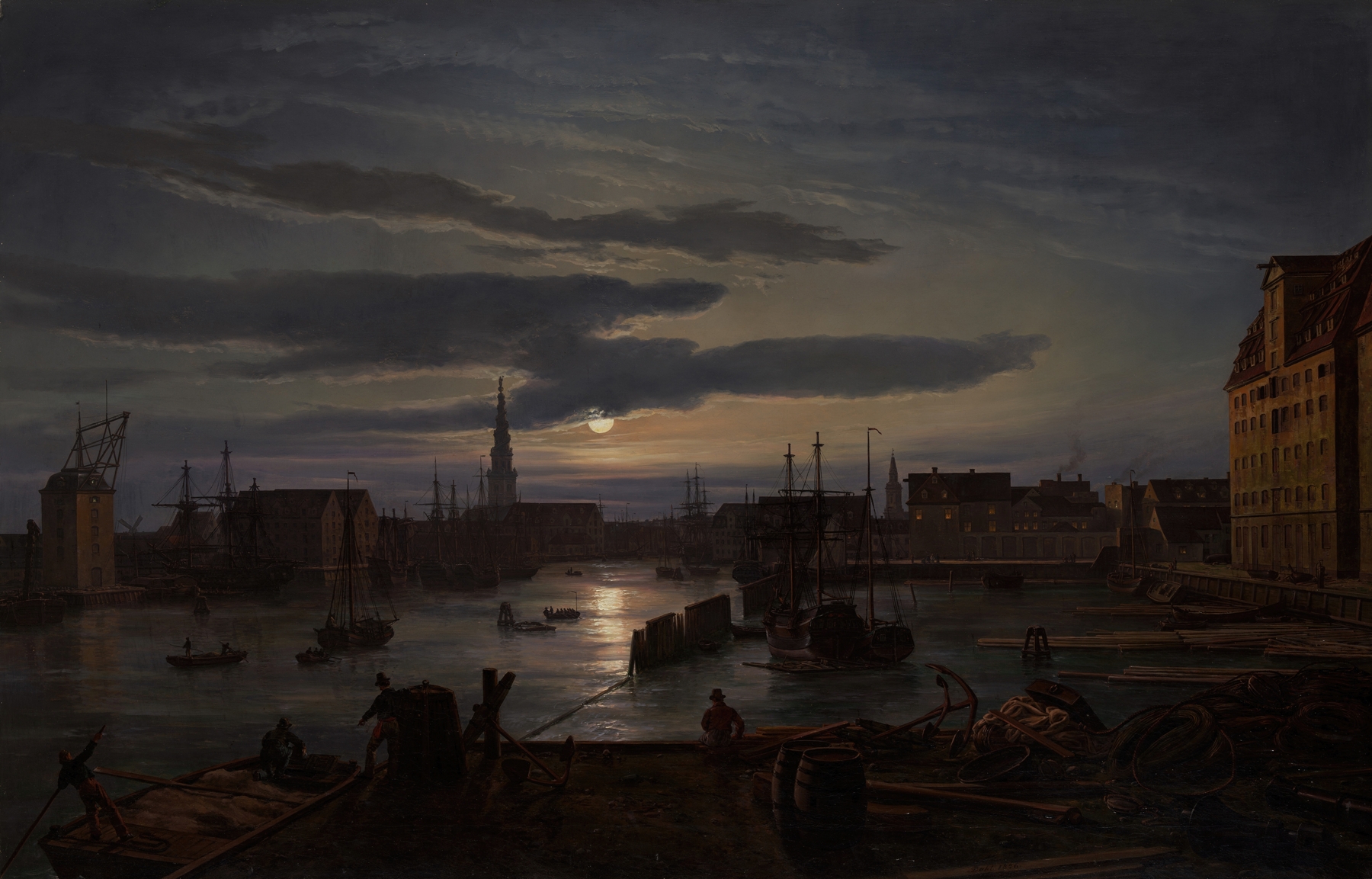 Copenhagen Harbor by Moonlight, by Johan Christian Dahl, public domain