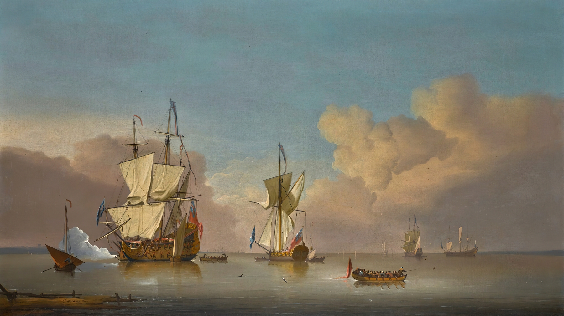 The evening gun; Men-o’-War and barges in a calm sea, by Peter Monamy, public domain