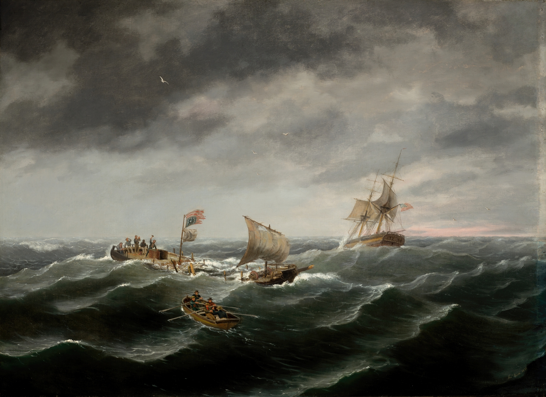 Marine scene depicting the rescue of survivors from the Schooner ‘John S. Spence’ by Thomas Birch, oil painting