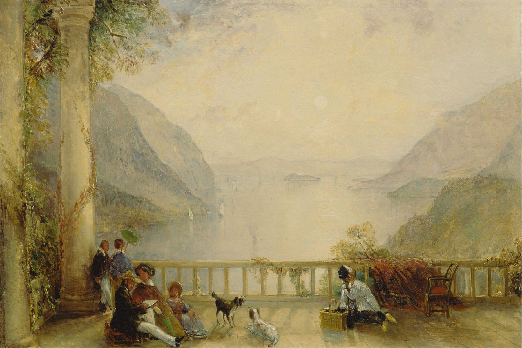 Figures on a balcony, oil on canvas by Thomas Creswick, featuring lush greenery and contemplative figures.