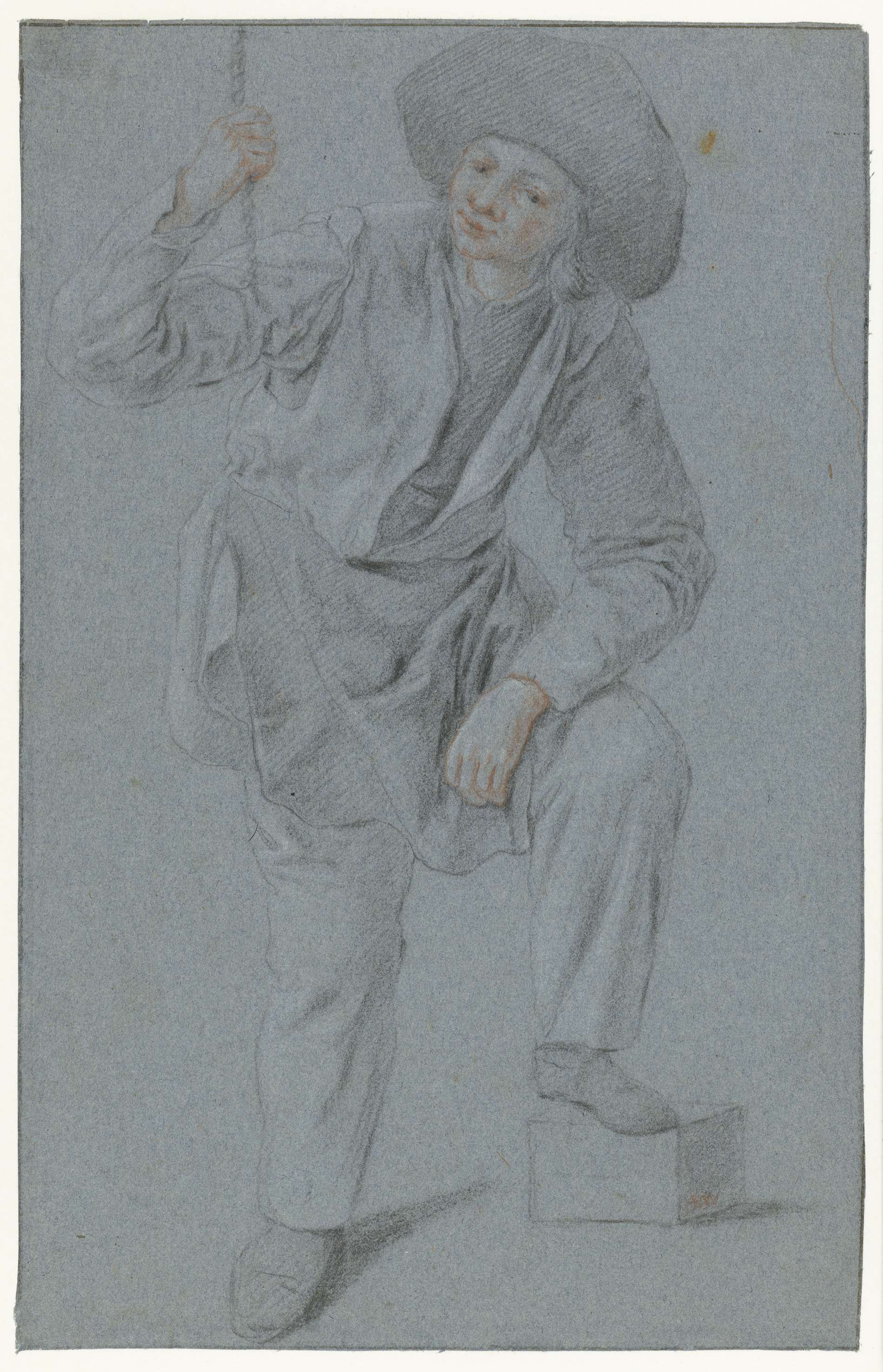 Drawing on paper by Cornelis Dusart of a boy pulling a rope