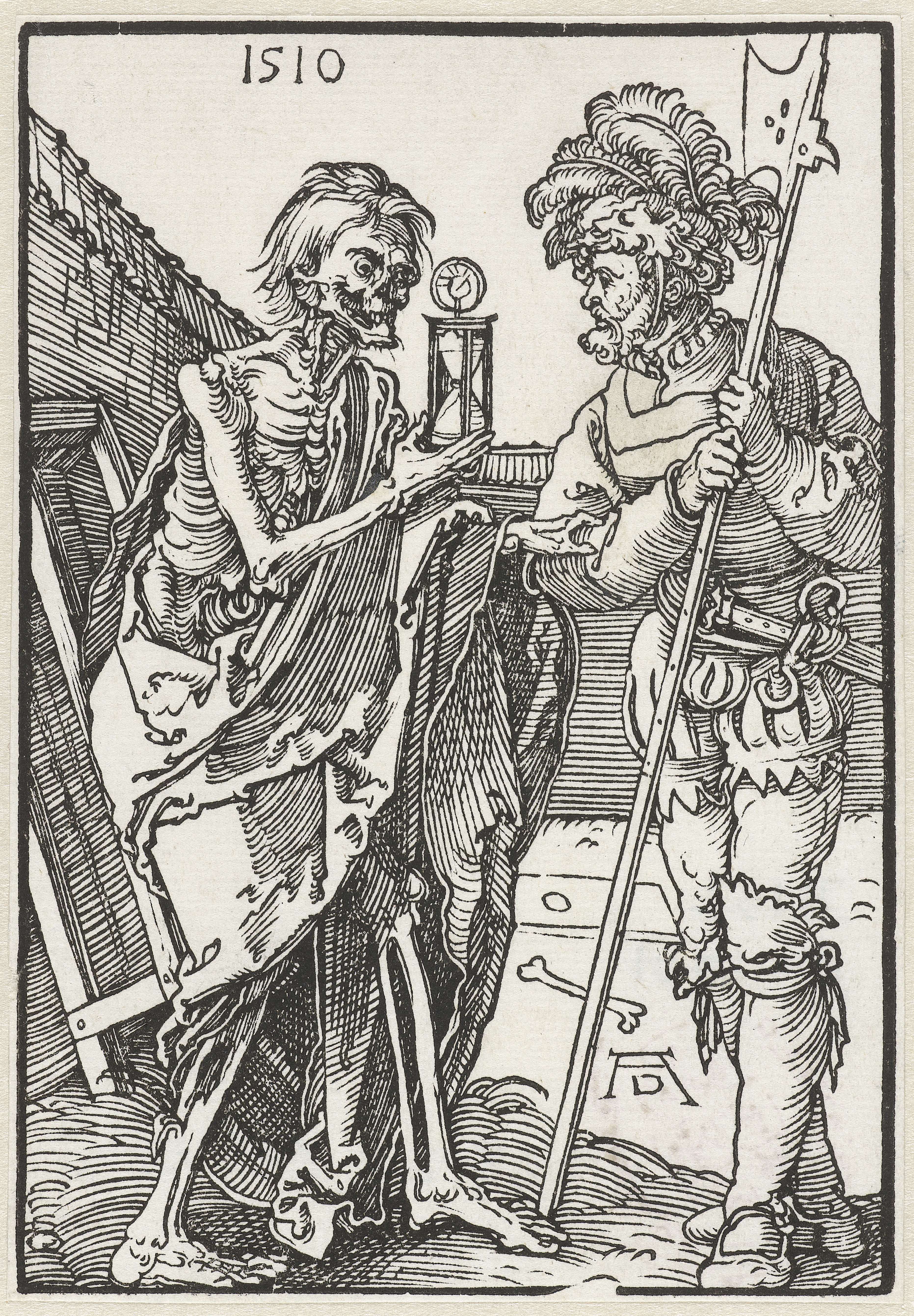 Historical etching by Albrecht Dürer depicting a soldier confronting death
