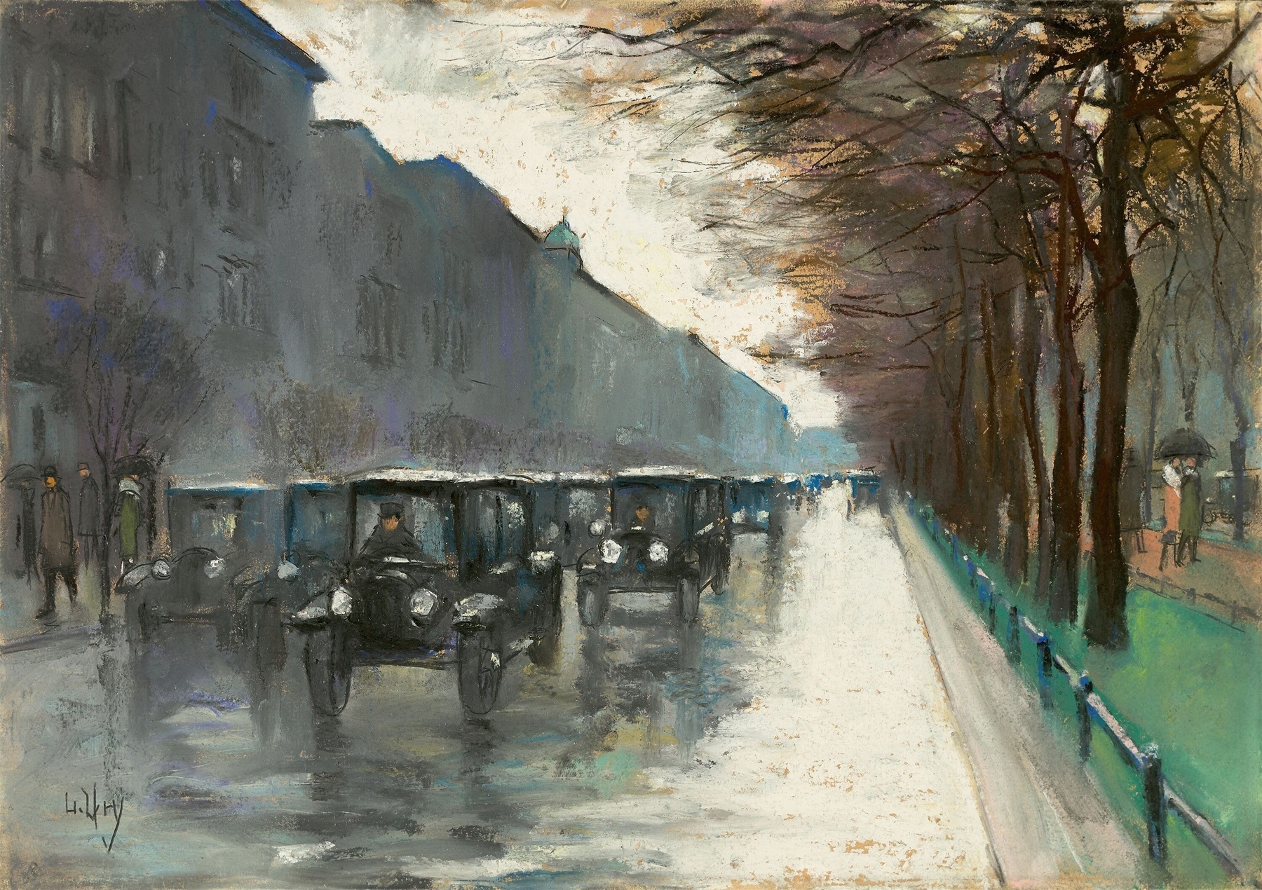 Unter den Linden mit Droschken im Regen, by Lesser Ury, public domain