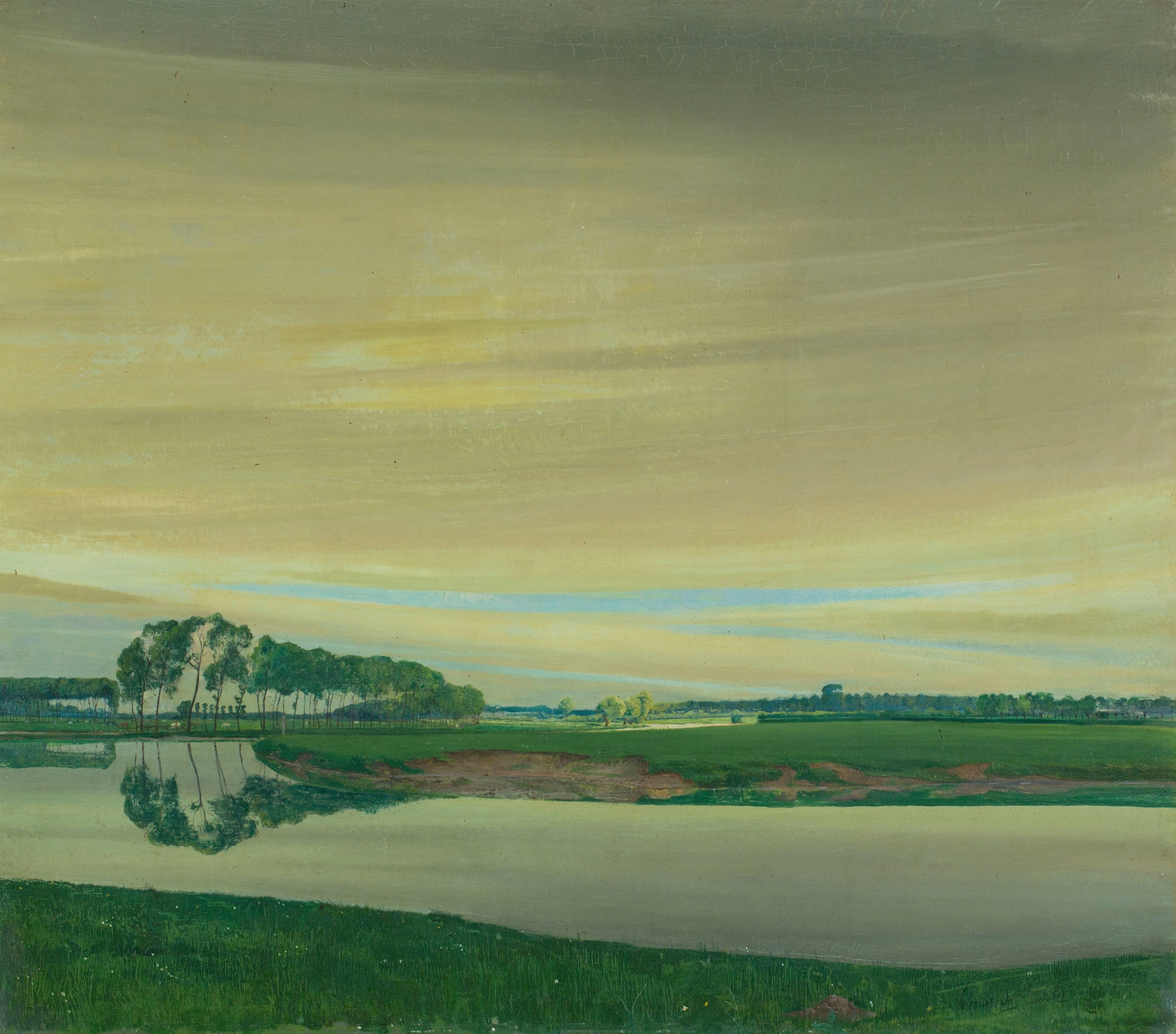 Impressionist oil painting of a river and hills by Valerius De Saedeleer