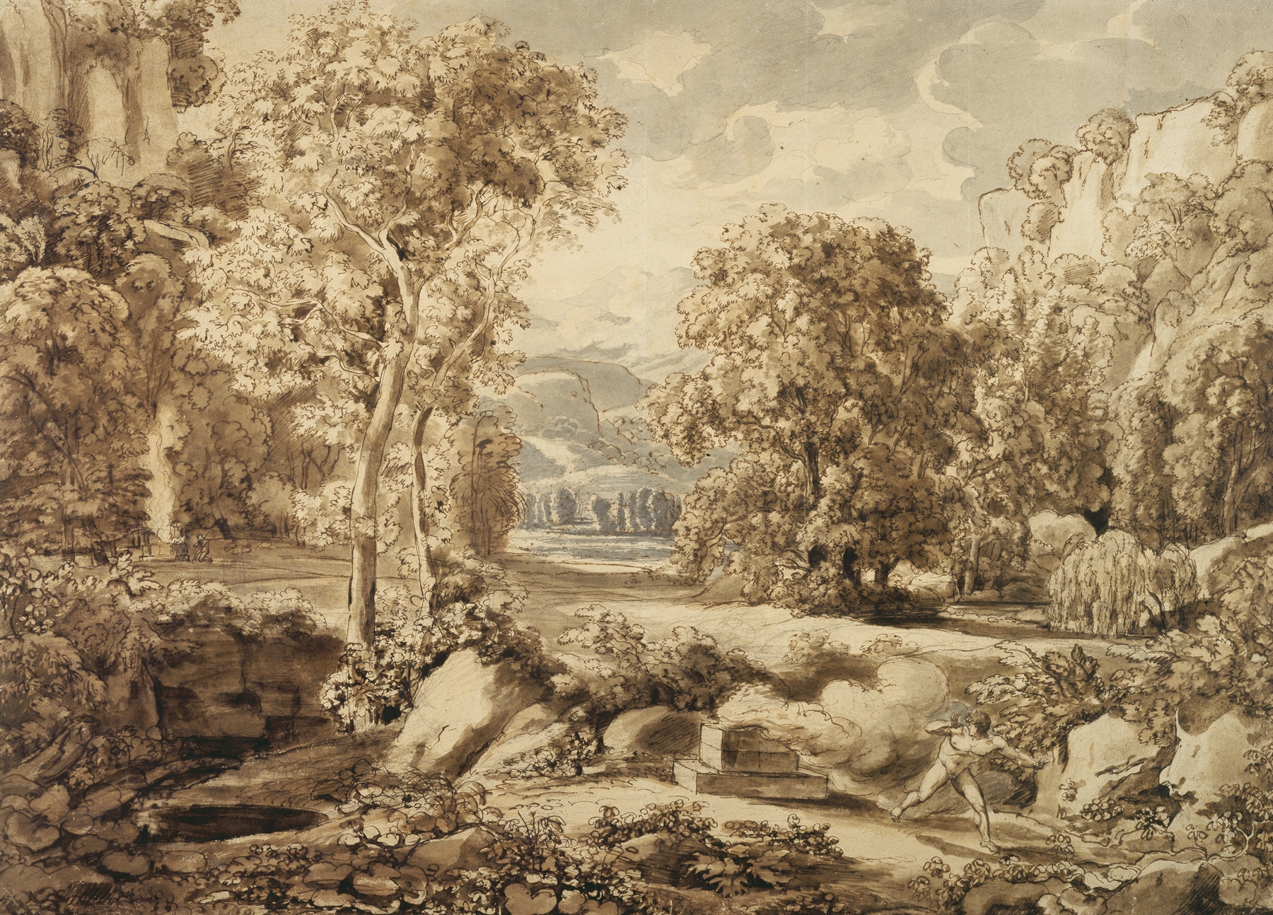 Historical landscape with figures of Cain and Abel by Johann Christian Reinhart, oil painting.