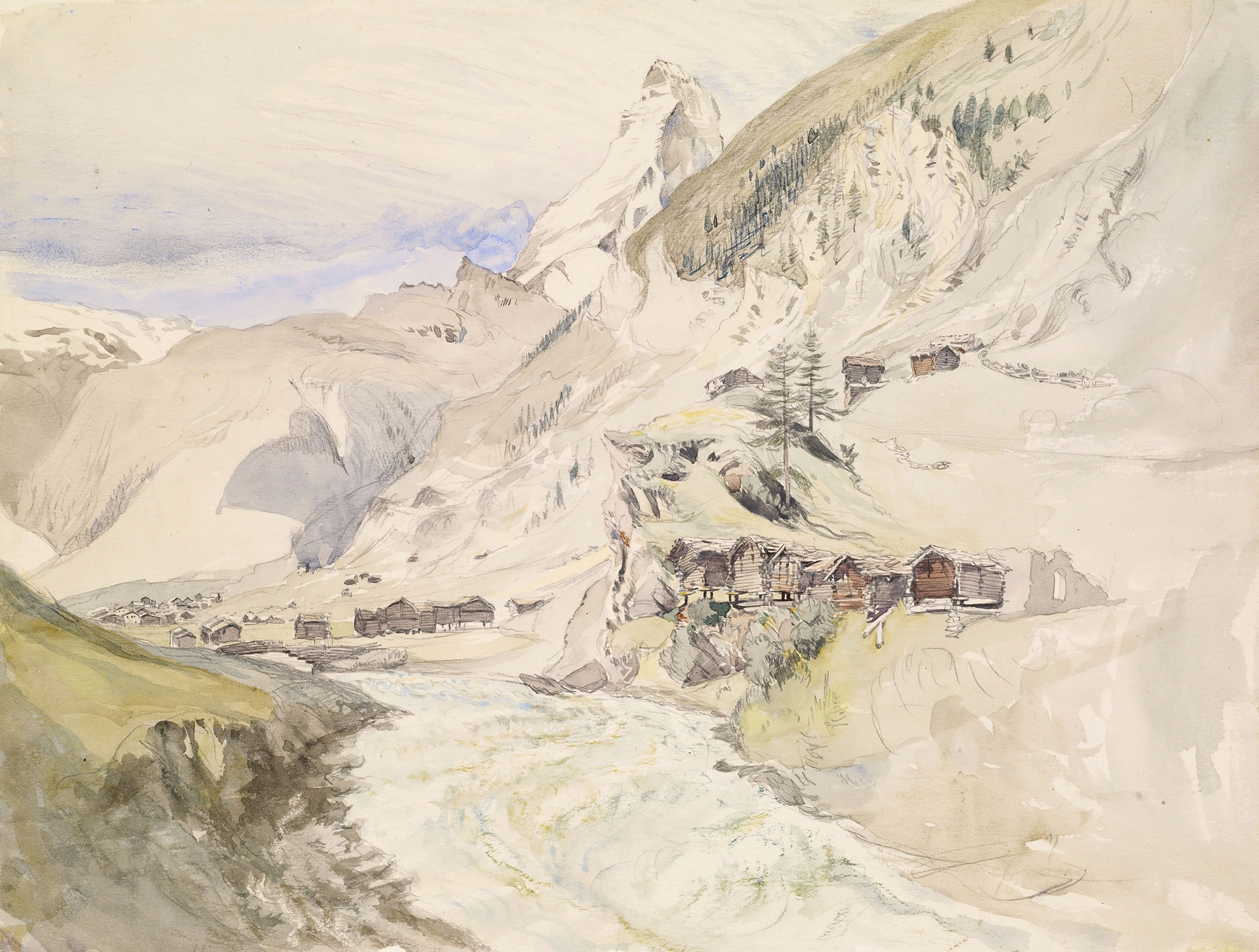 An Alpine Valley, the Matterhorn in the Distance by John Ruskin, oil painting of a serene alpine landscape