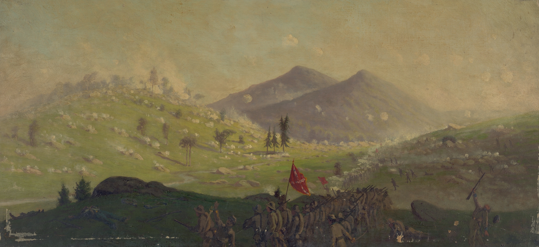 Attack on Little Round Top held by the 5th Corps commanded by General Sykes, by Edwin Forbes, public domain