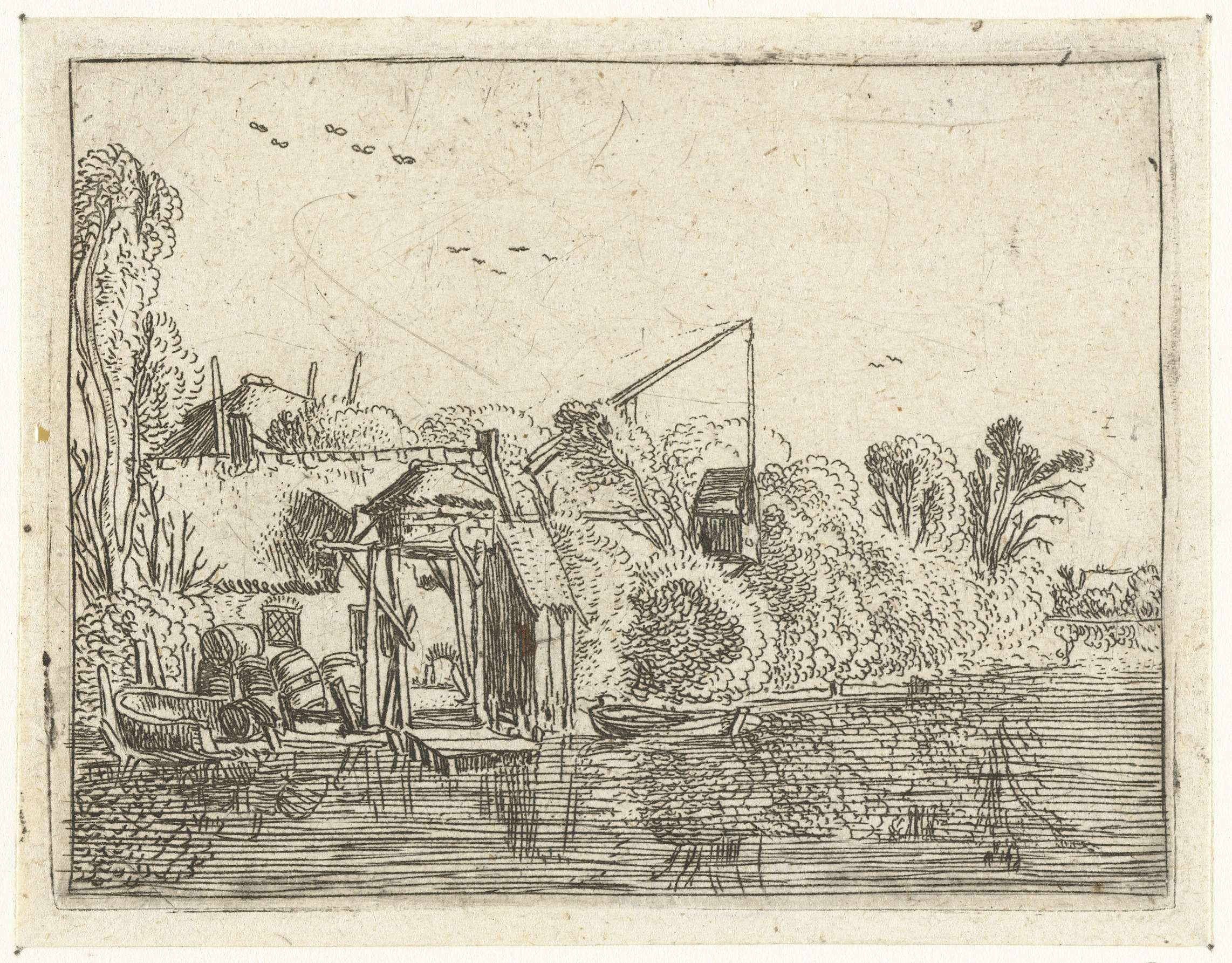 Brouwerij aan de oever van een rivier, etching by Esaias van de Velde