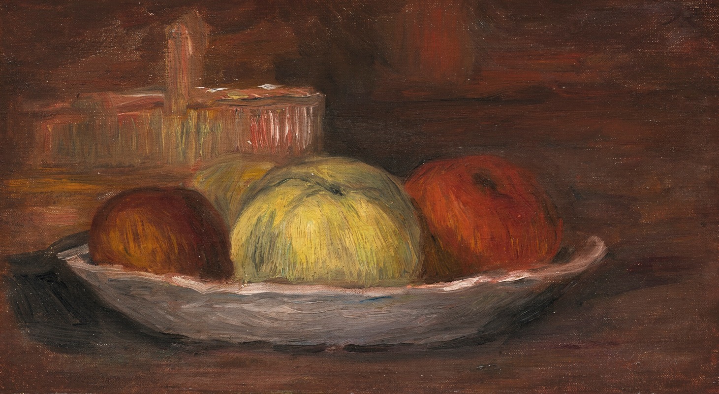 A still life painting featuring apples in a dish and basket by Renoir.