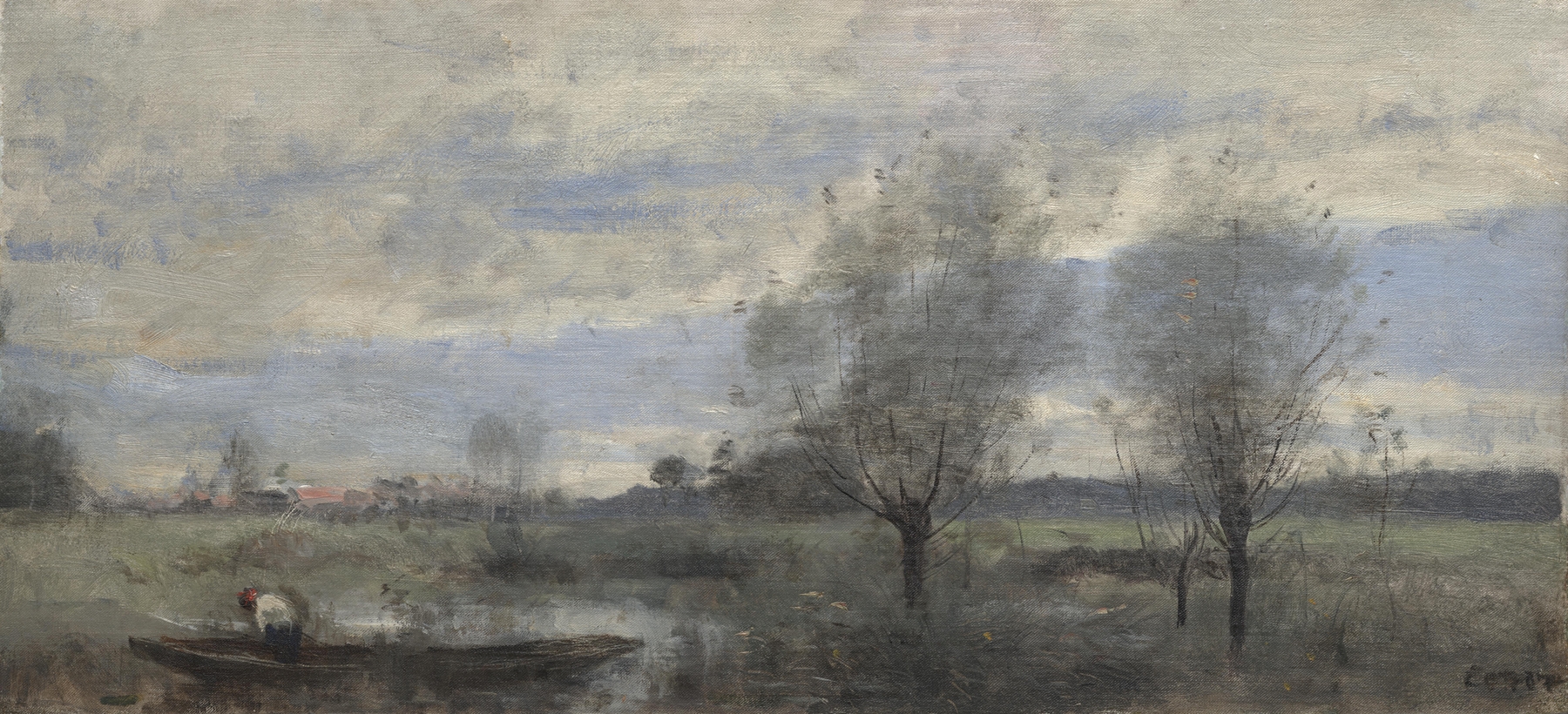 Palluel, Boater in the Marshes by Jean-Baptiste-Camille Corot, oil on canvas depicting a tranquil marsh scene.