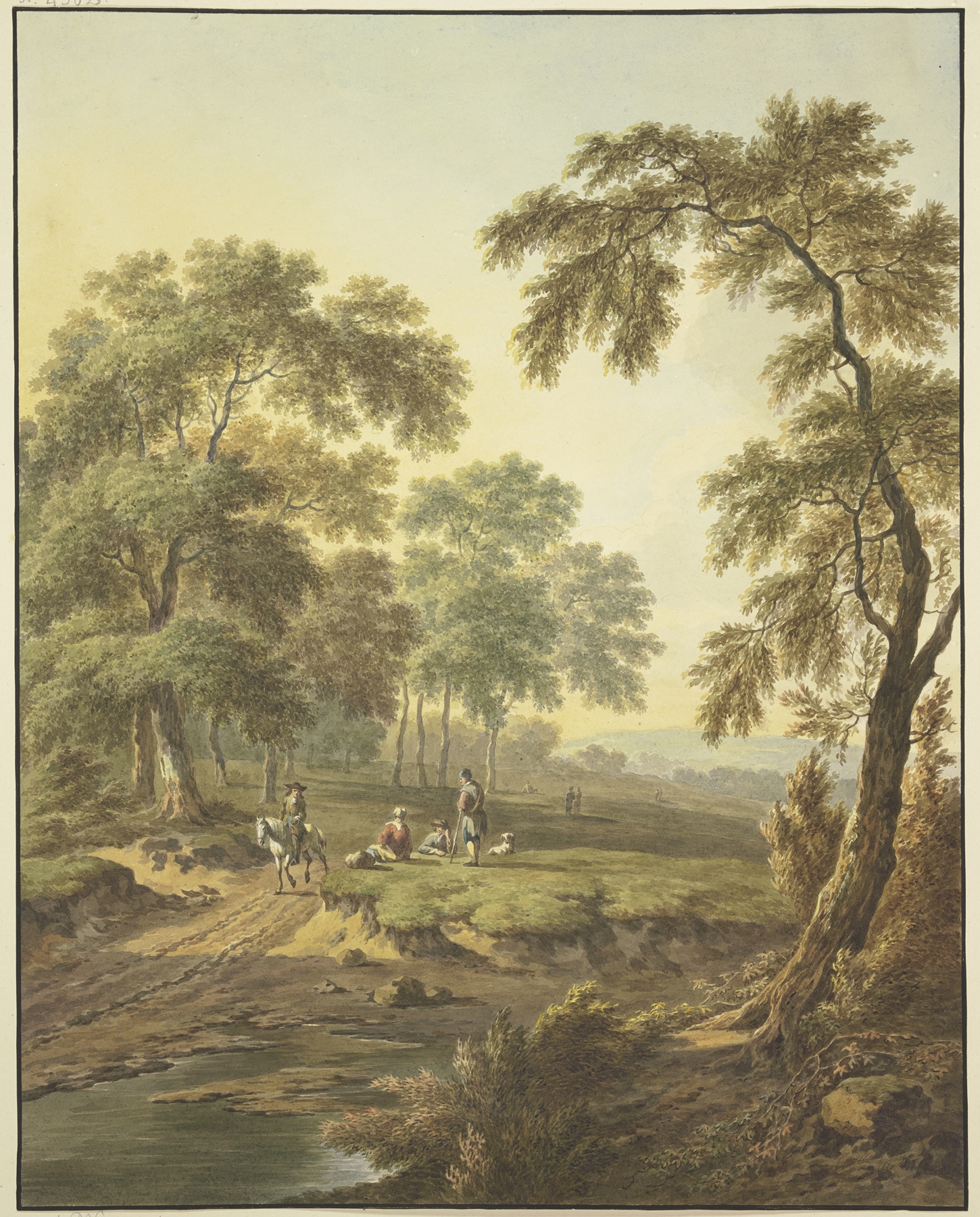 Landscape featuring a river, horse, and people by Abraham Teerlink