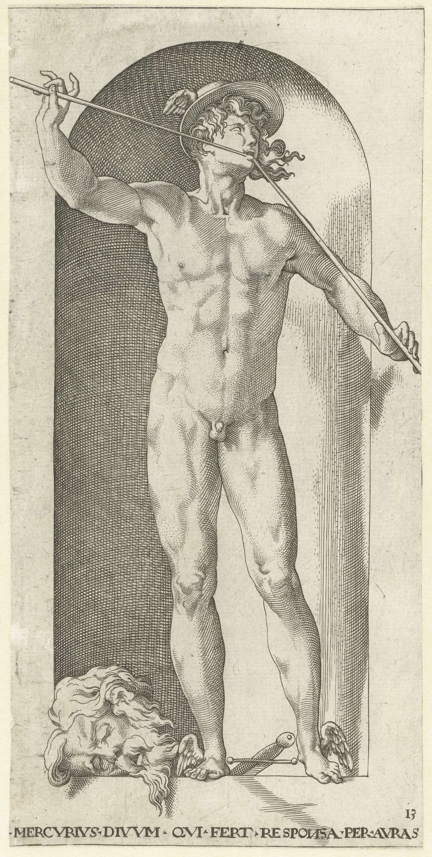 Mercurius met het hoofd van Argus engraving by Jacob Binck, featuring Mercury and Argus's head.
