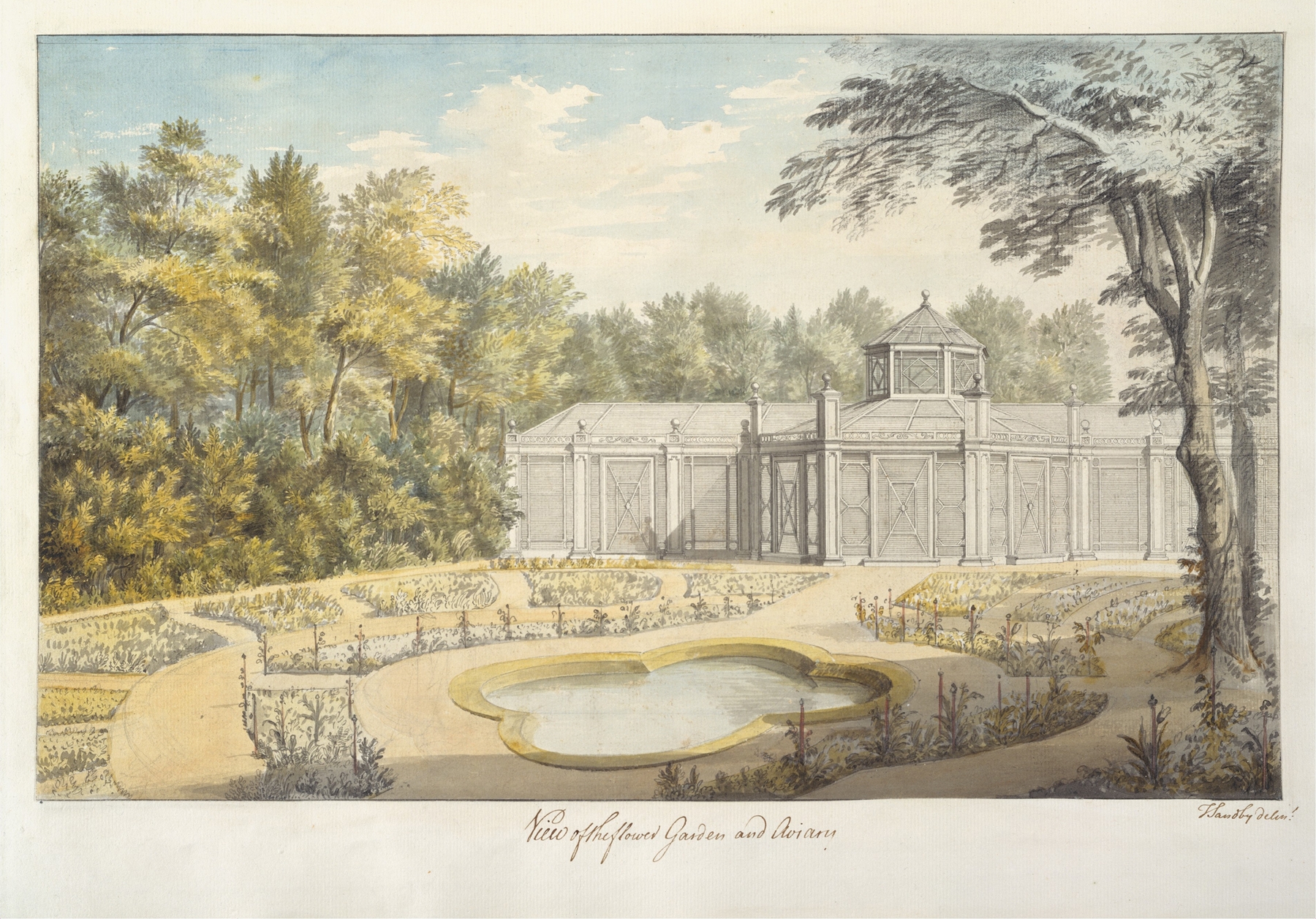 View of the Flower Garden and Aviary at Kew, watercolor on paper by Thomas Sandby