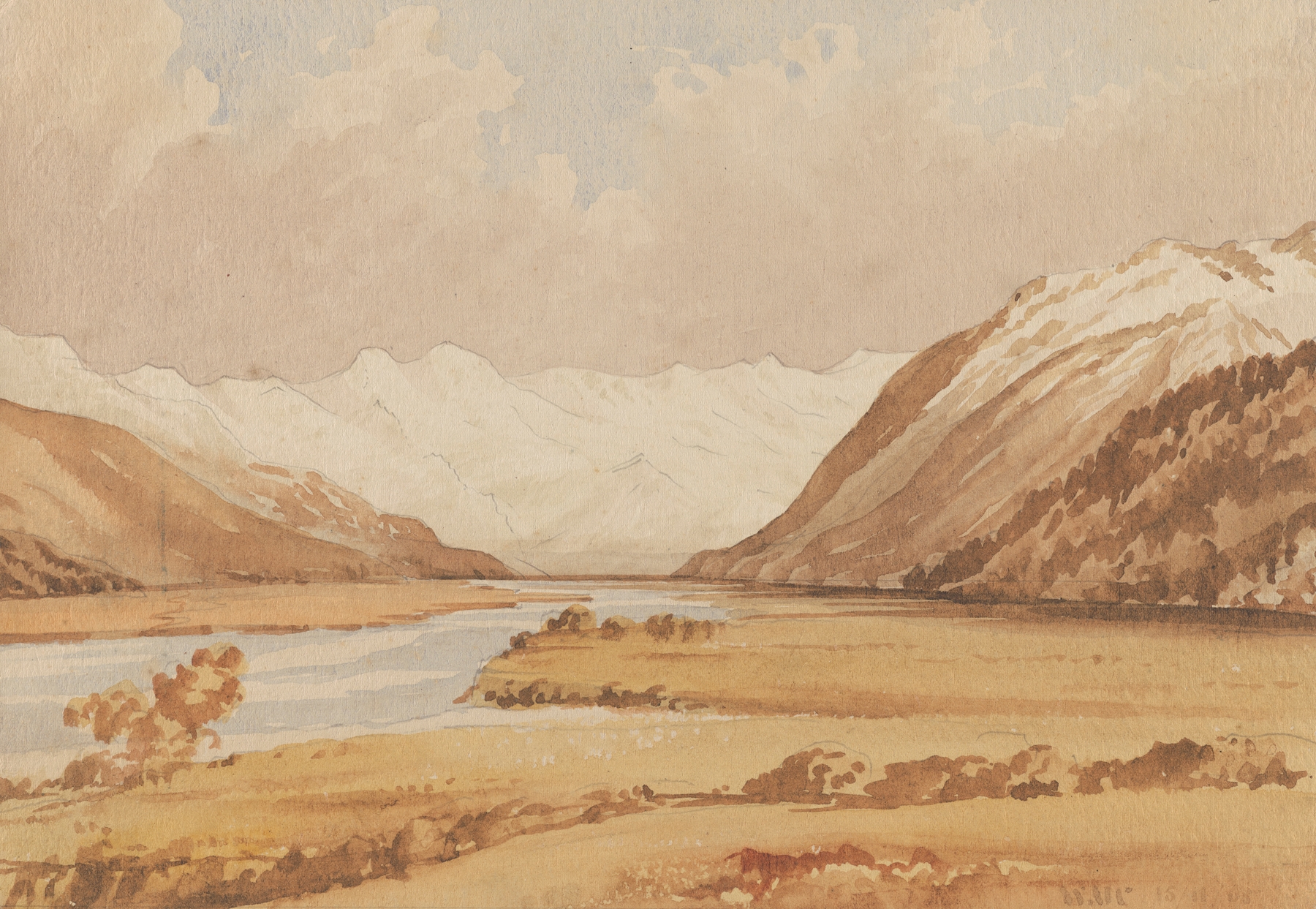 View up Waimakariri from Bealey township, Mt Davie in distance, by William Marshall Cooper, public domain