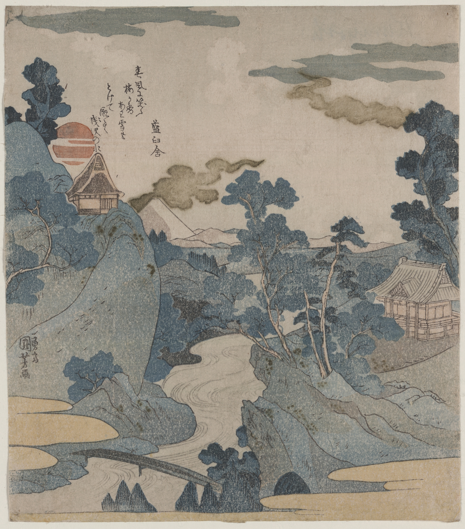Ukiyo-e landscape featuring Mount Fuji and waves by Utagawa Kuniyoshi