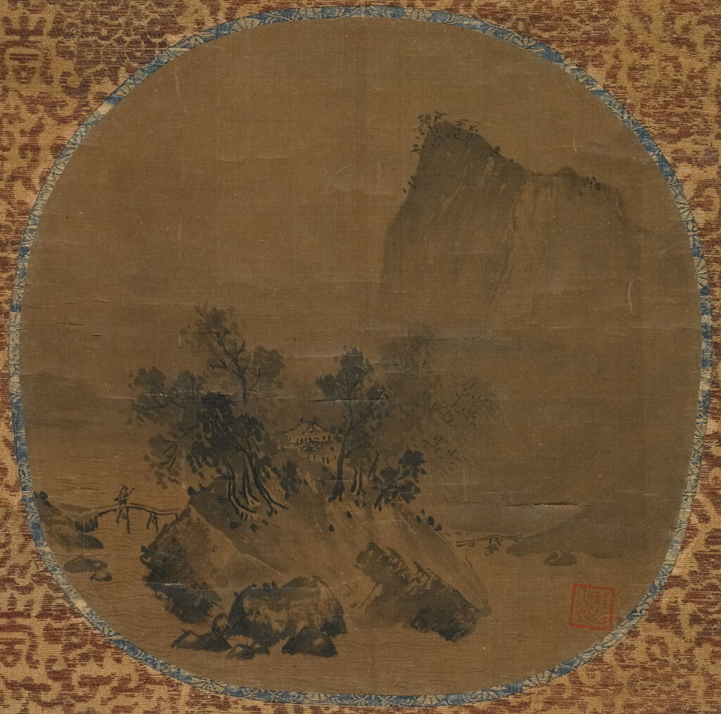 Traveler Crossing a Bridge in a Landscape by Xia Gui, ink on silk, depicting a tranquil bridge and flowing water.