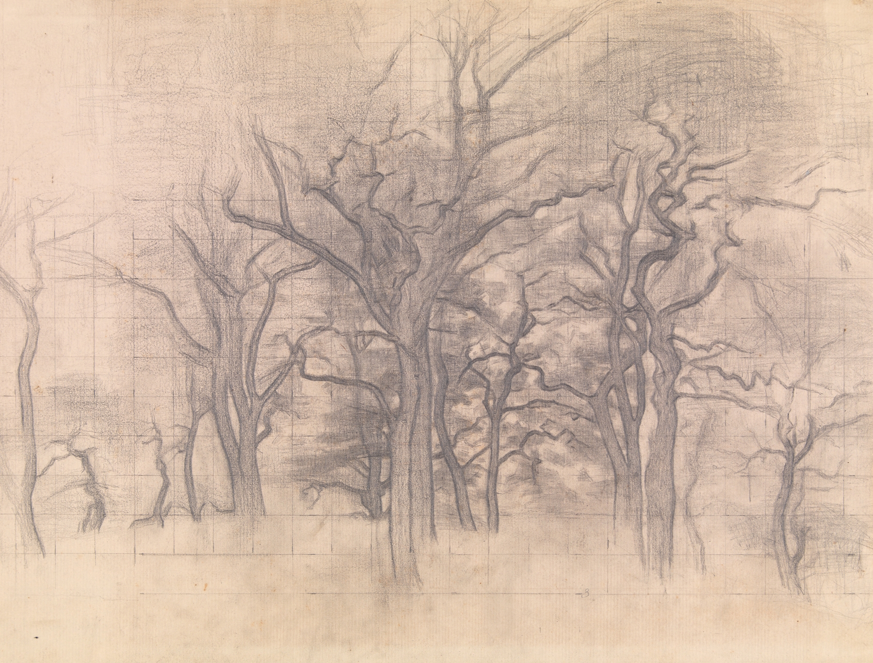 Oil on canvas by Vilhelm Hammershøi depicting two oak trees in a tranquil landscape.