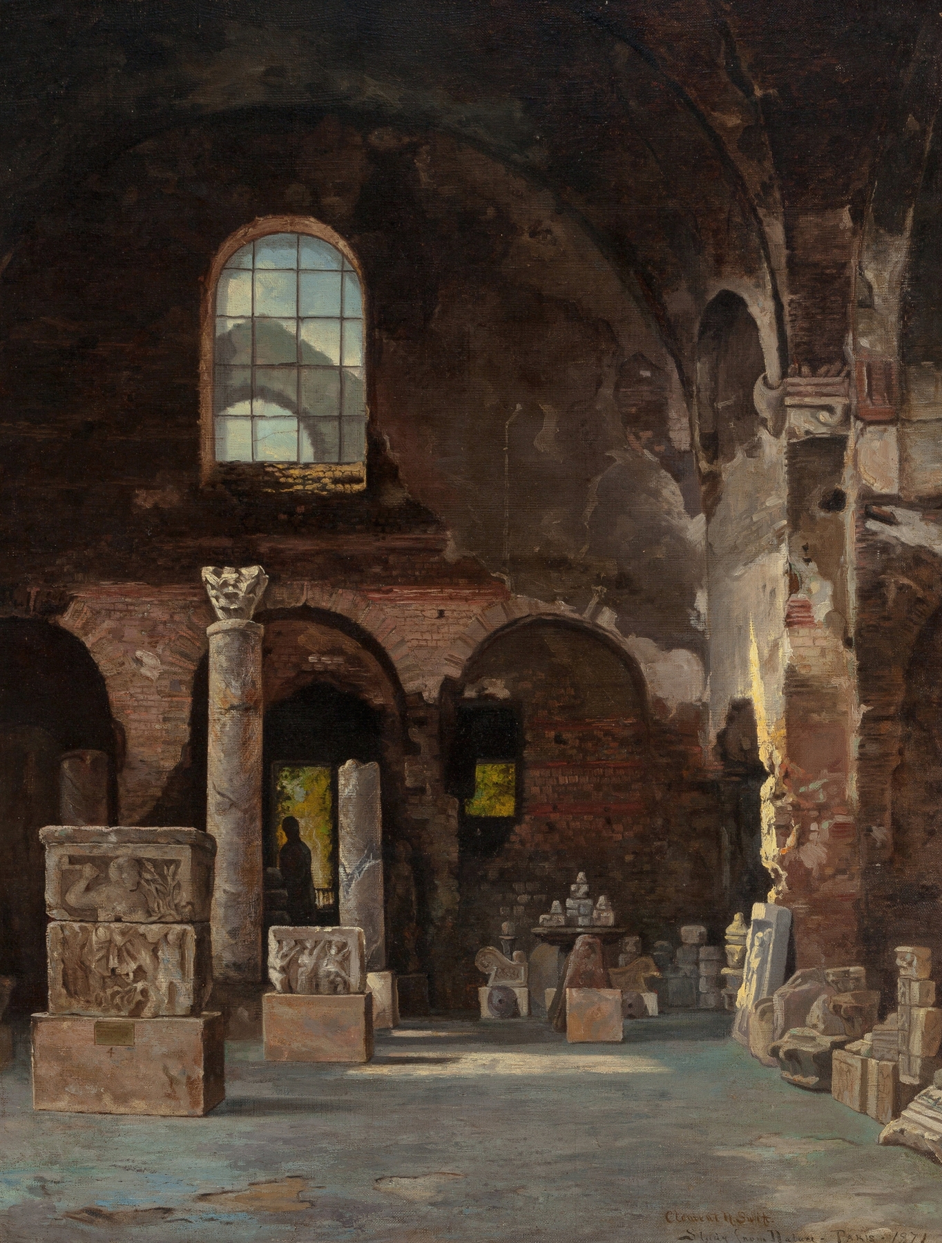 Interior scene of a stonemason's studio with tools in oil on canvas by Clement Nye Swift
