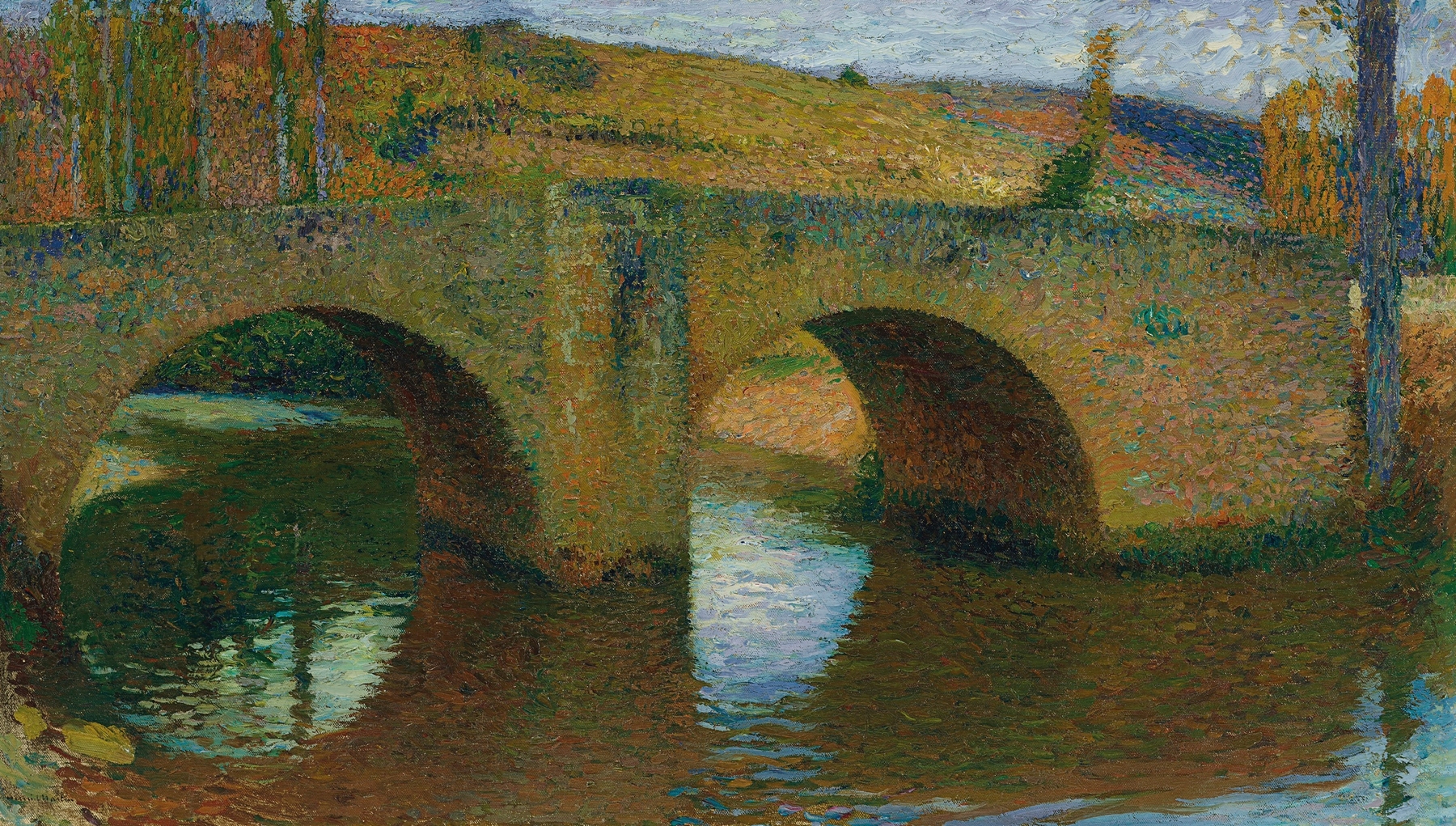 Le Pont de Labastide du Vert, oil on canvas by Henri Martin, depicting a bridge over a river in spring.