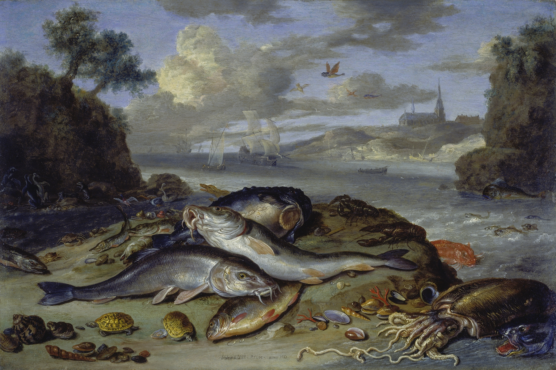 Still life with fish and sea creatures in a coastal landscape, oil painting by Jan Van Kessel The Elder