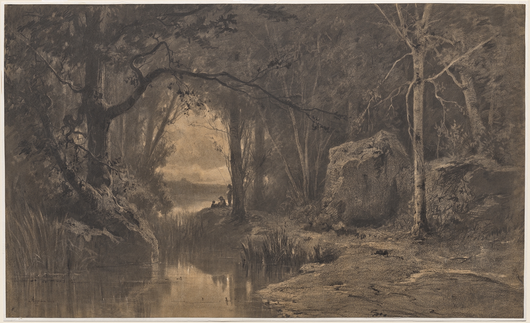 Three fishermen by a river in a forest, oil painting by Adolphe Appian