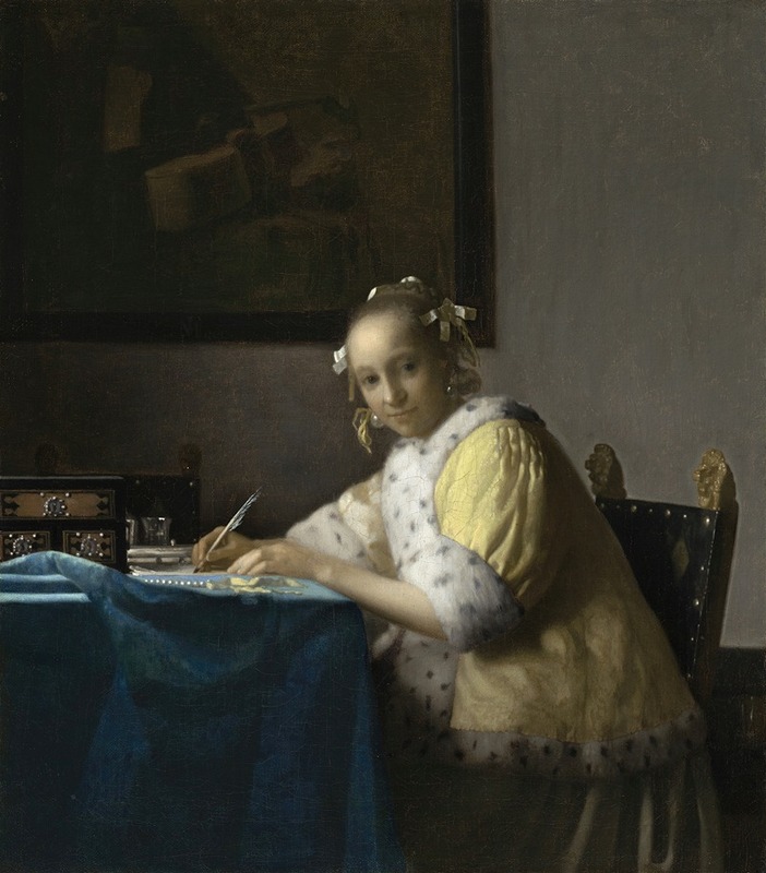 A woman is depicted writing in a serene interior setting.