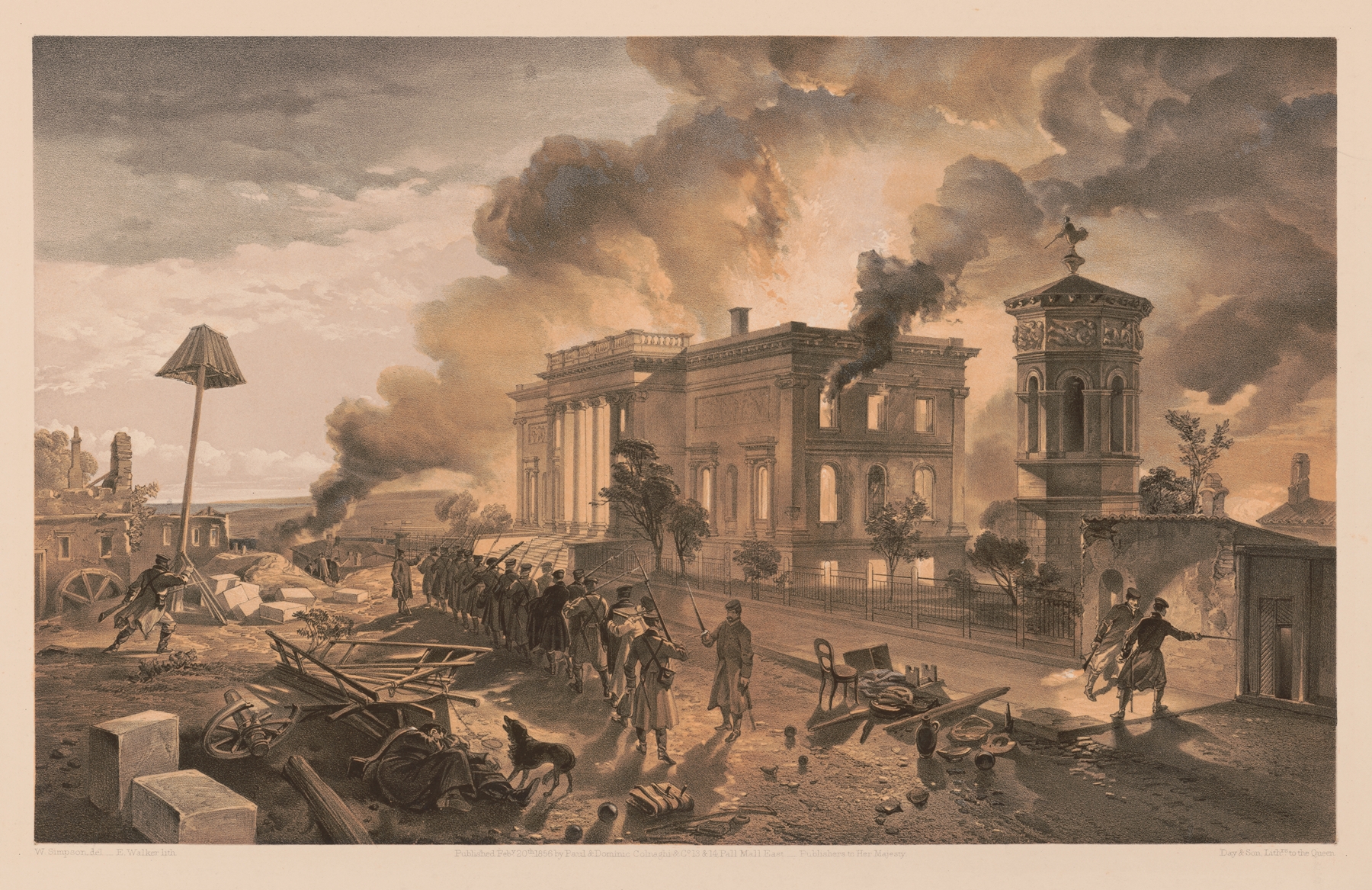 Watercolour by William Simpson depicting a grand library with light streaming through windows.