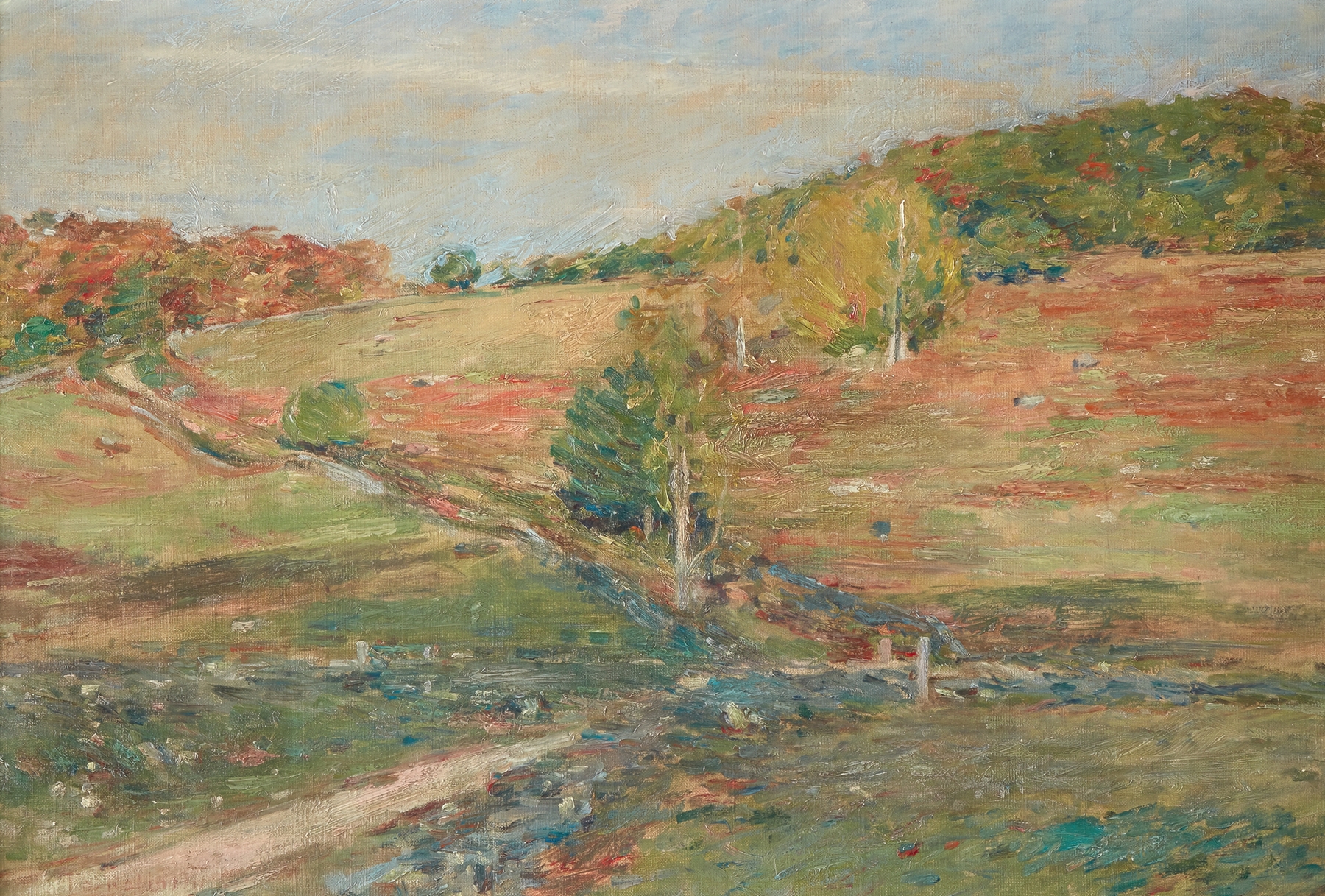 Vermont Hillside by Theodore Robinson, oil on canvas depicting a sunlit hillside with trees.