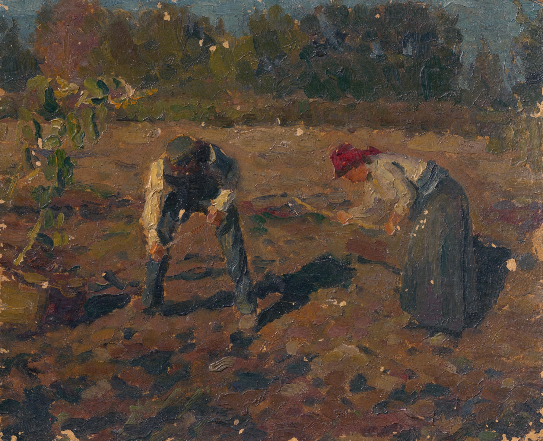 Oil on canvas by Jozef Teodor Mousson showing laborers harvesting potatoes