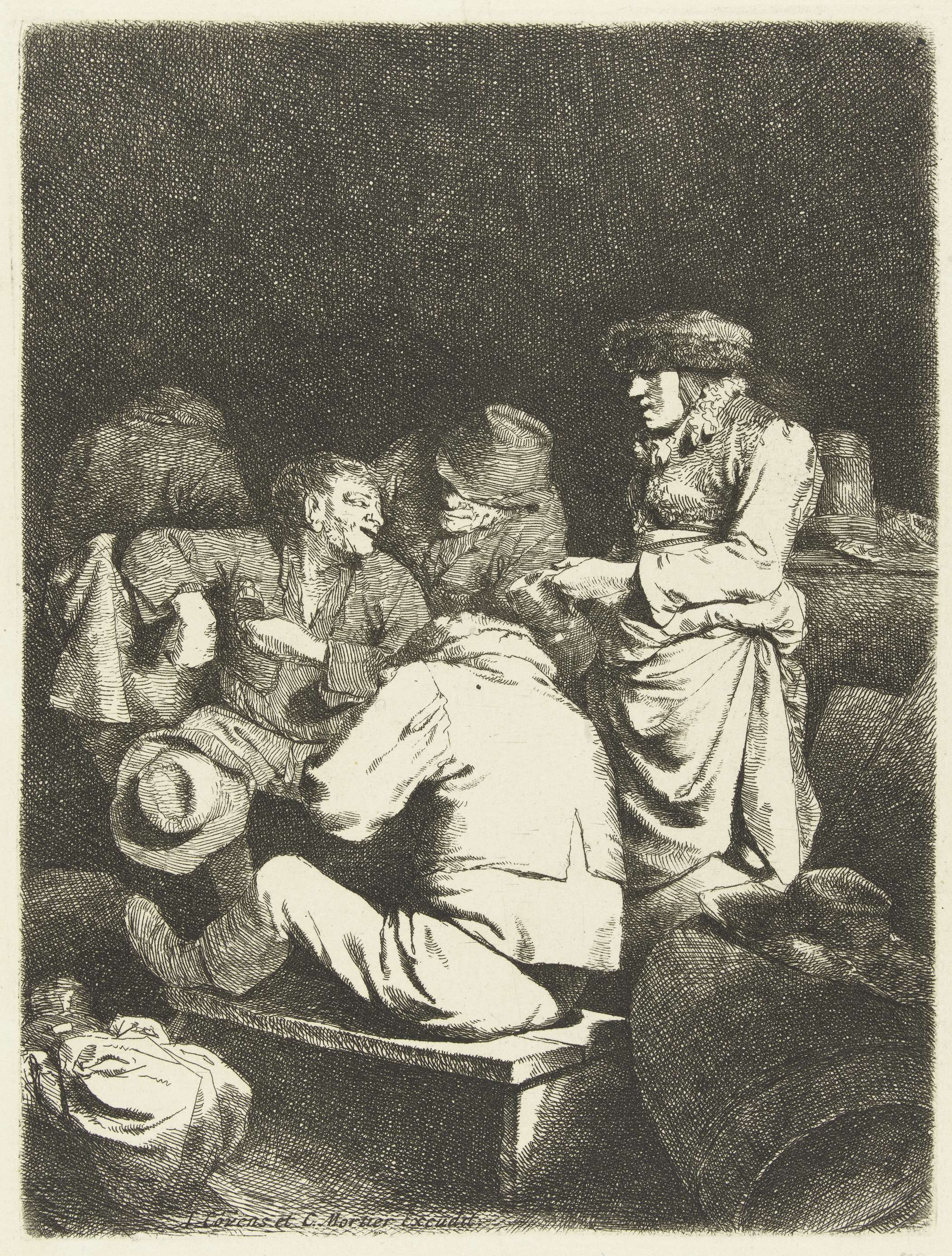 Etching by Cornelis Pietersz. Bega showing a woman pouring a drink in a tavern
