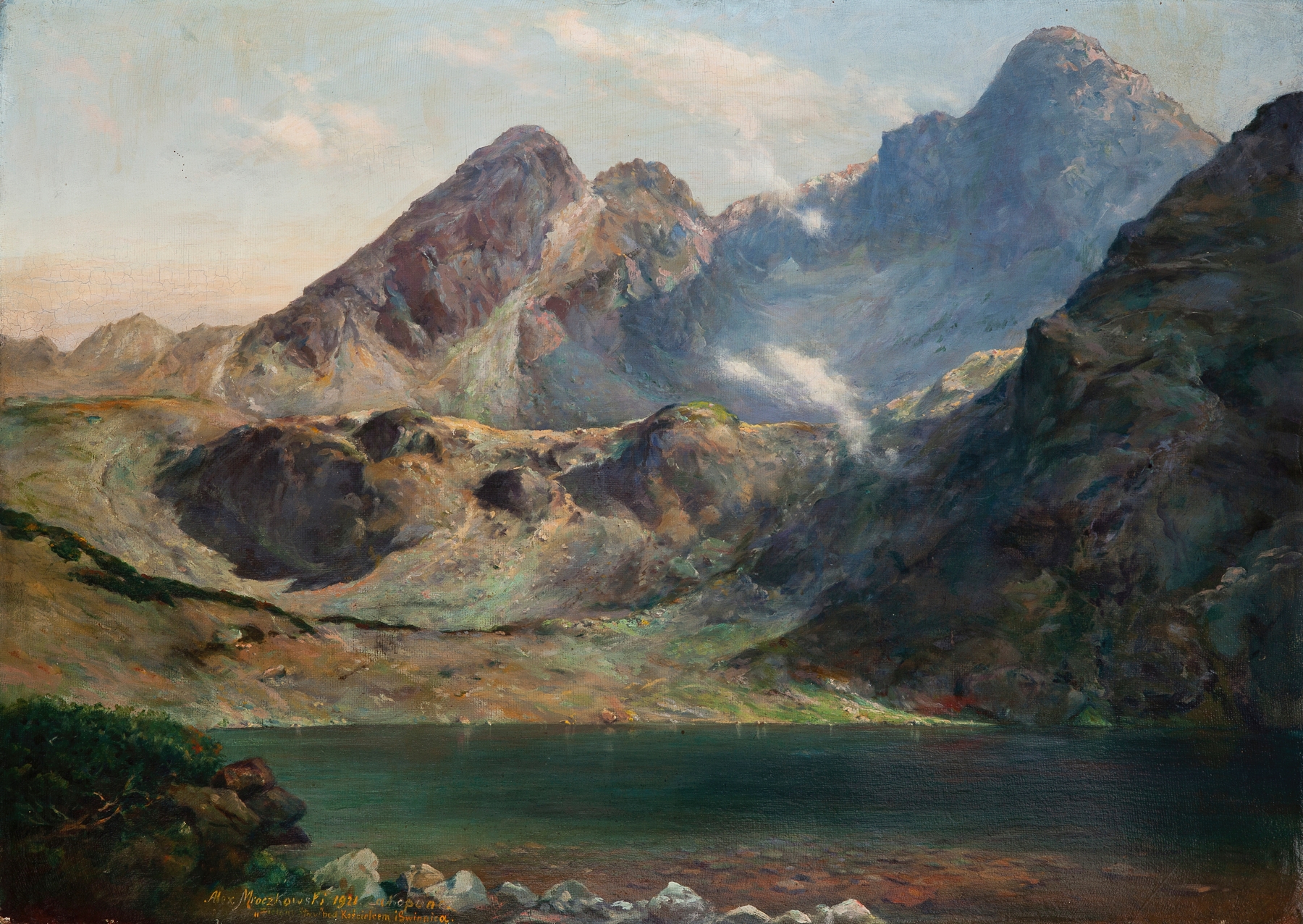 Zielony Staw oil painting by Aleksander Mroczkowski, depicting a tranquil lake and mountains.