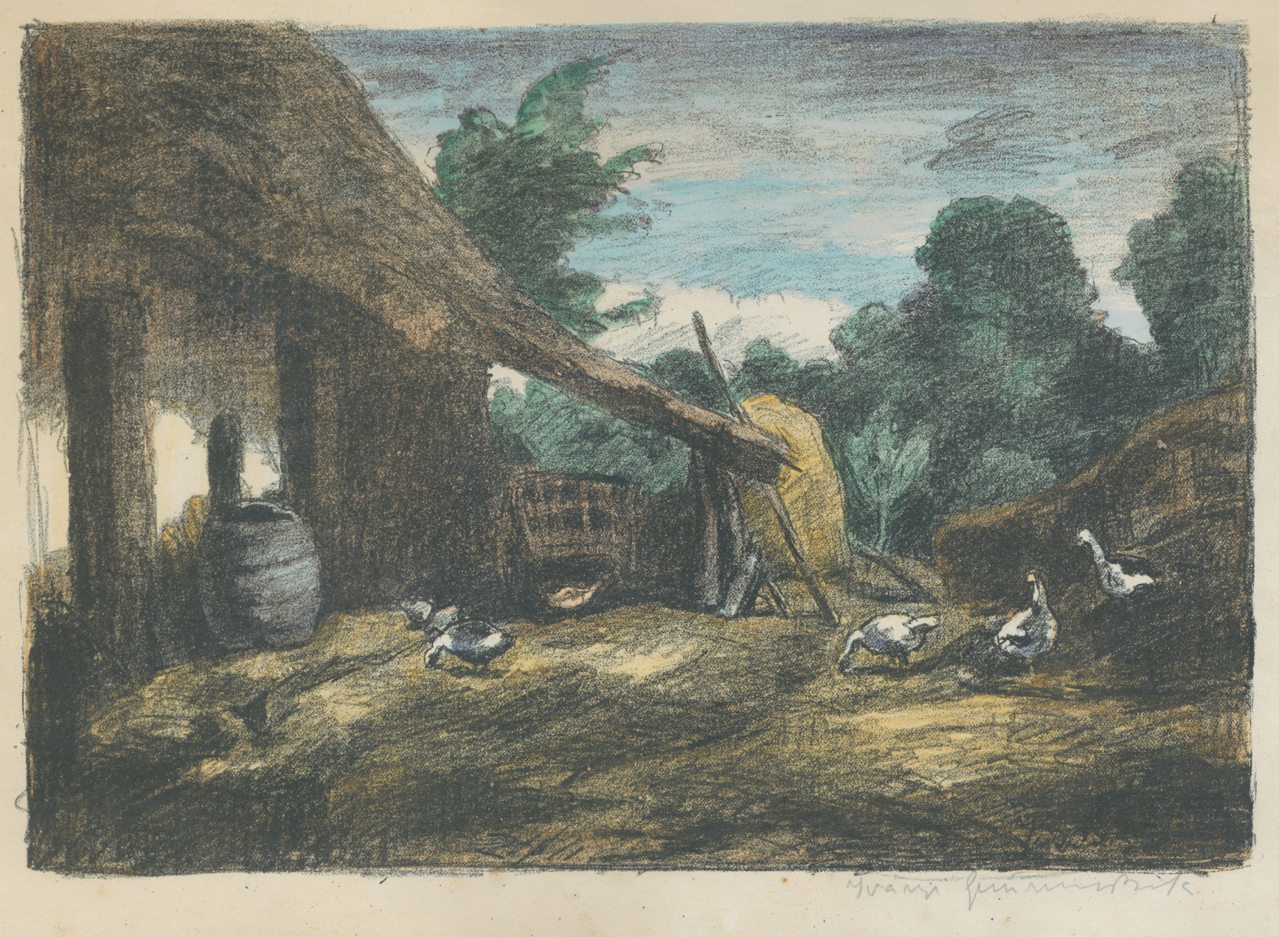 Sedliacký dvor s hydinou, oil on canvas by Bela Ivanyi-Grünwald depicting a rural farmhouse with chickens.