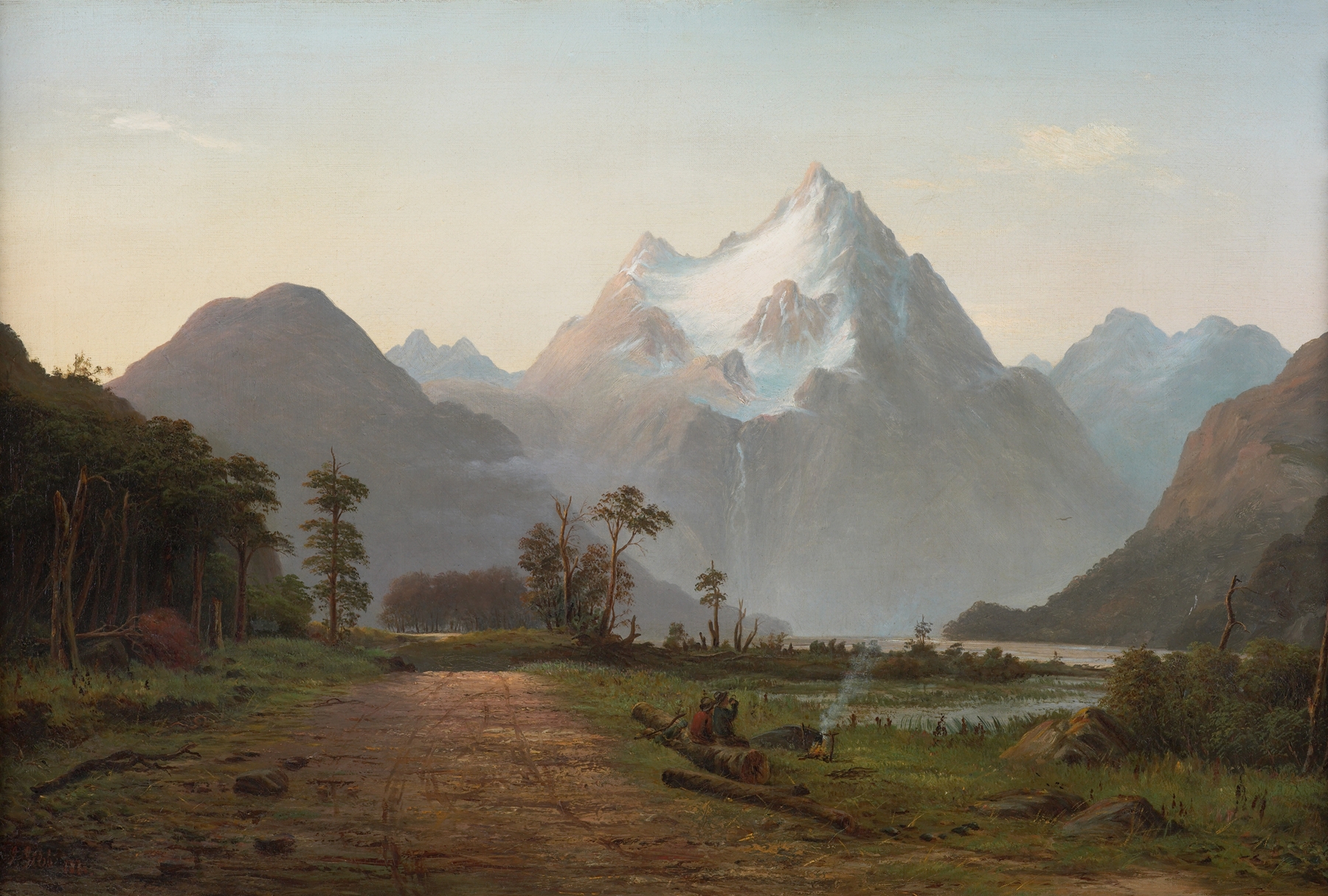Two figures boiling tea in a landscape, oil on canvas by John Gibb