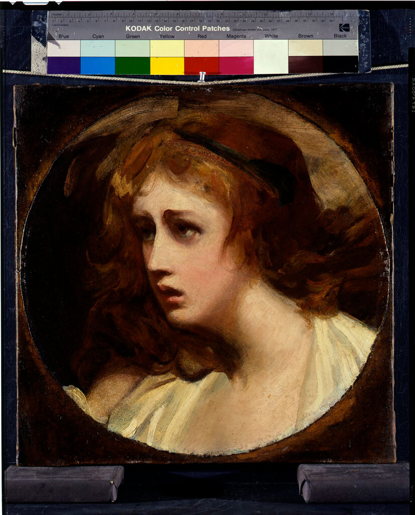 Lady Hamilton as Tragedy, oil on canvas by George Romney, featuring a woman in elegant drapery with a poignant expression.