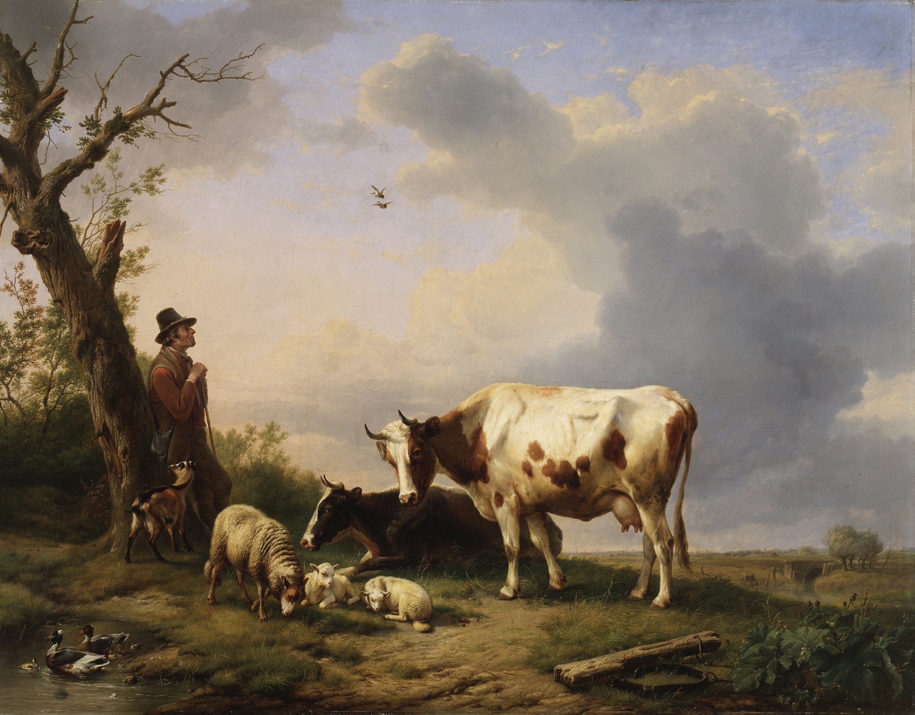 Landscape with animals by Eugène Joseph Verboeckhoven, oil on canvas, featuring grazing sheep in a lush setting.