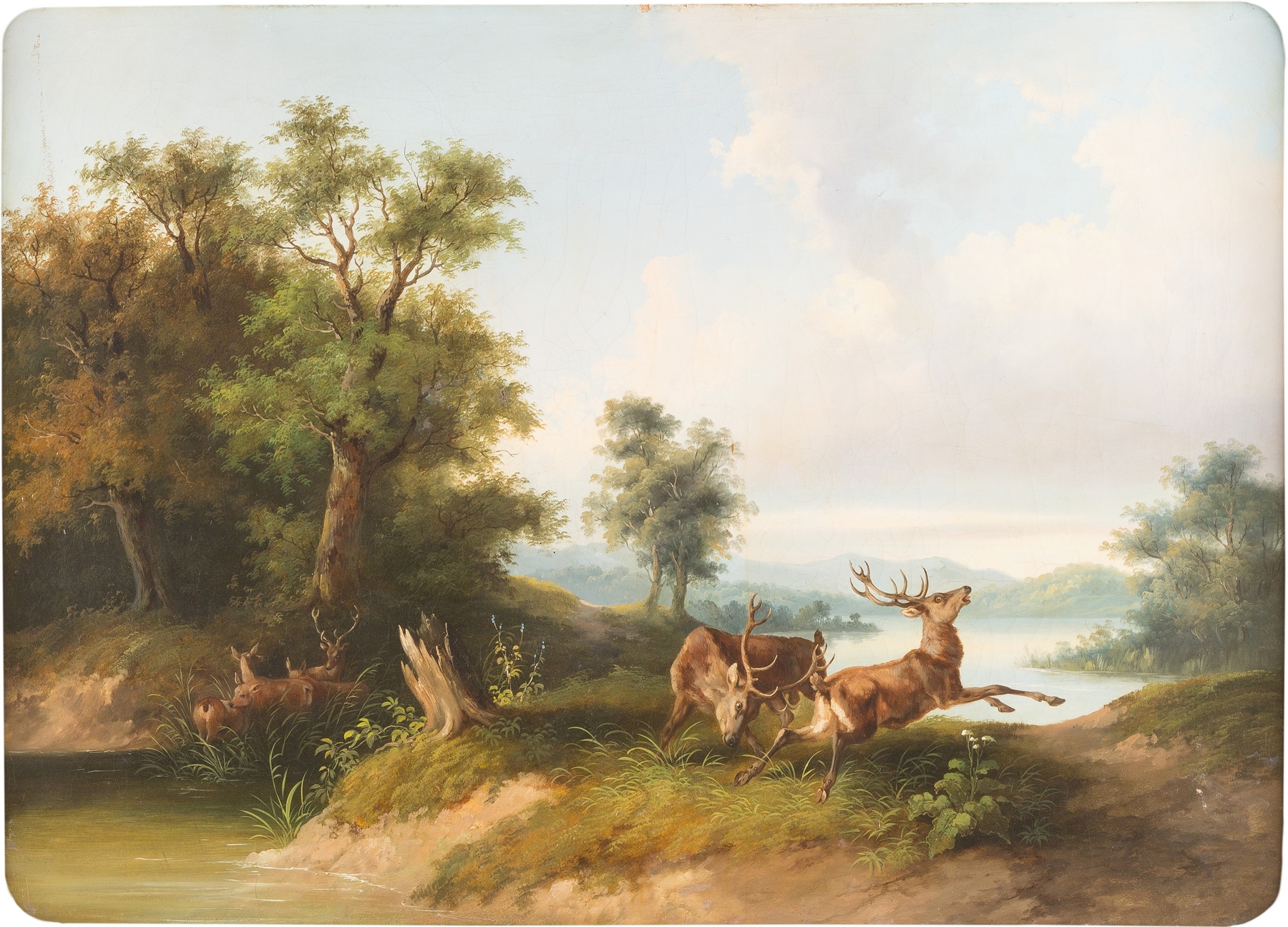 Landscape with fighting stags by Franz Barbarini, oil painting depicting stags in a lush forest.