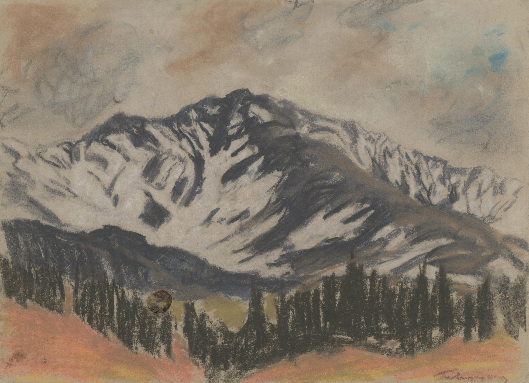 Landscape with rolling hills and coniferous trees by Zolo Palugyay, oil painting