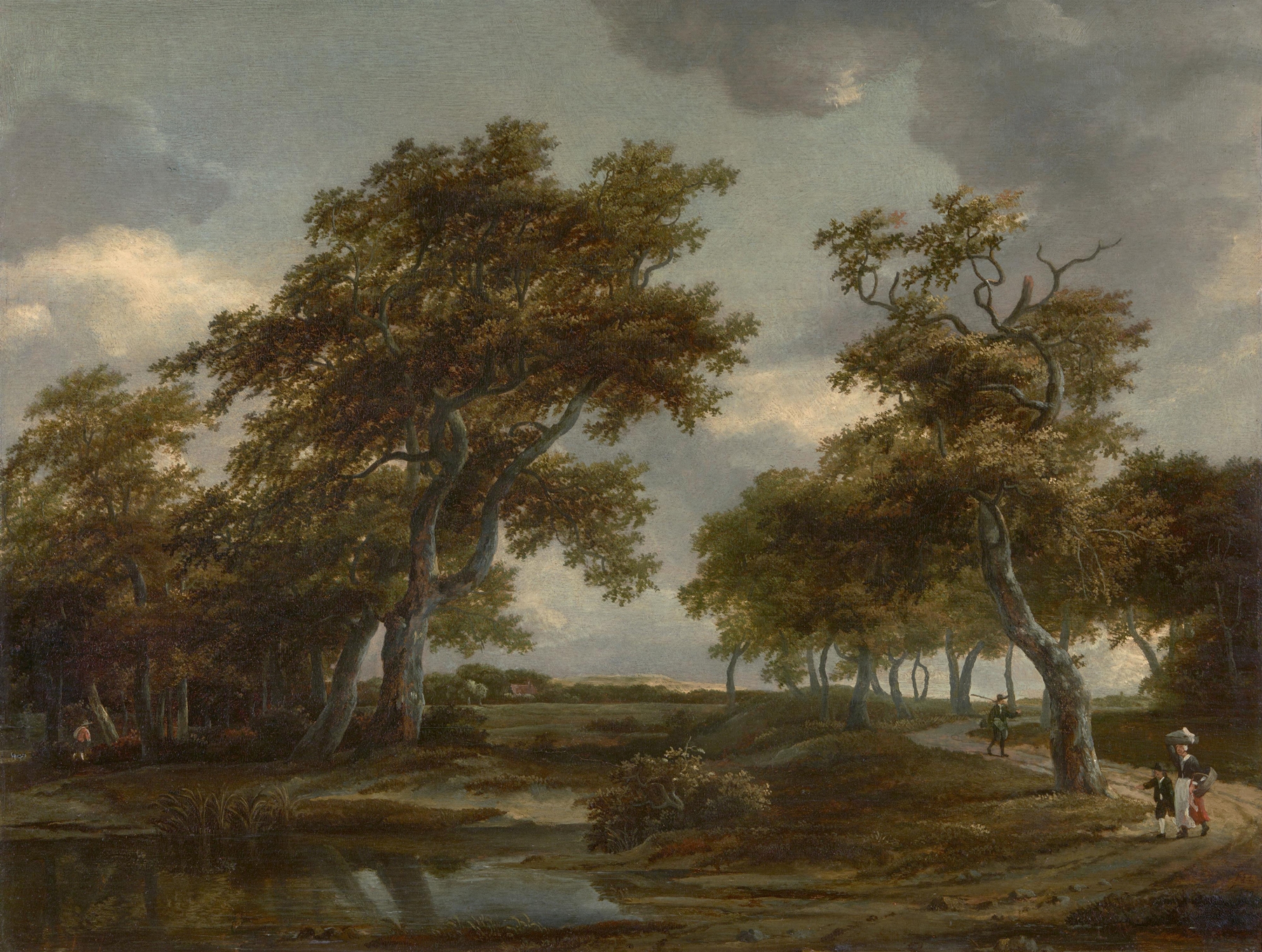 Bewaldete Flusslandschaft mit Figuren auf einem Weg, by Meindert Hobbema, public domain