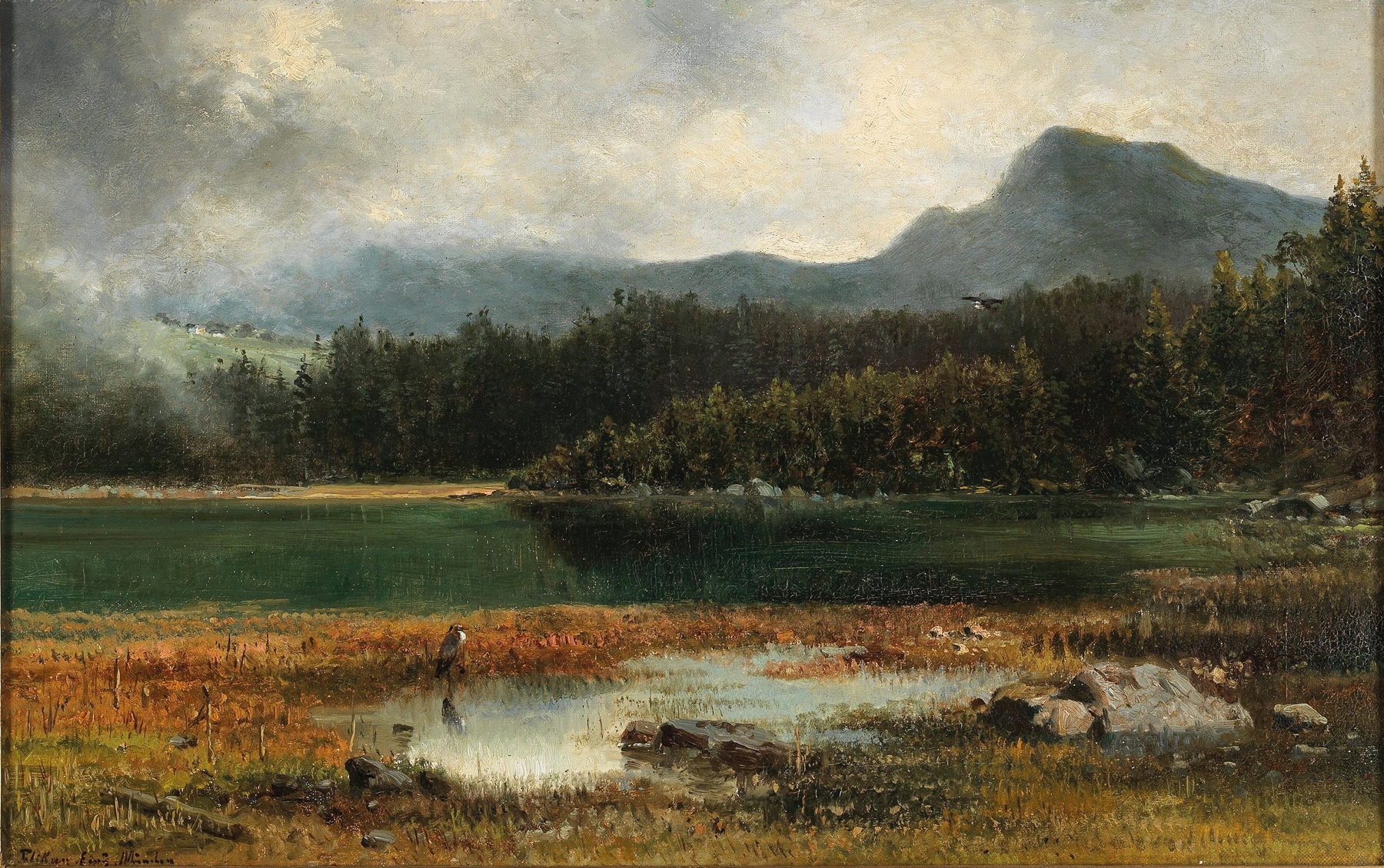 Heron by a lake at dawn, oil painting by Emilie Mediz-Pelikan