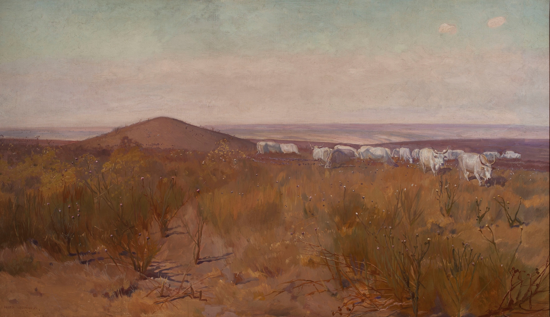 Barrow by Jozef Chelmonski, oil on canvas depicting a lush landscape with a solitary barrow.