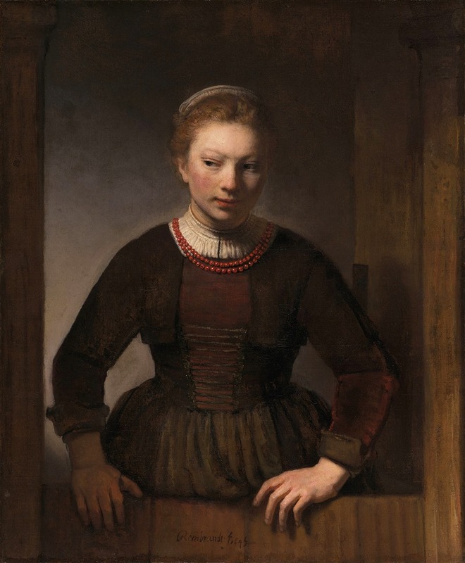 A young woman stands at an open half-door, showcasing Rembrandt's skill in portraiture.