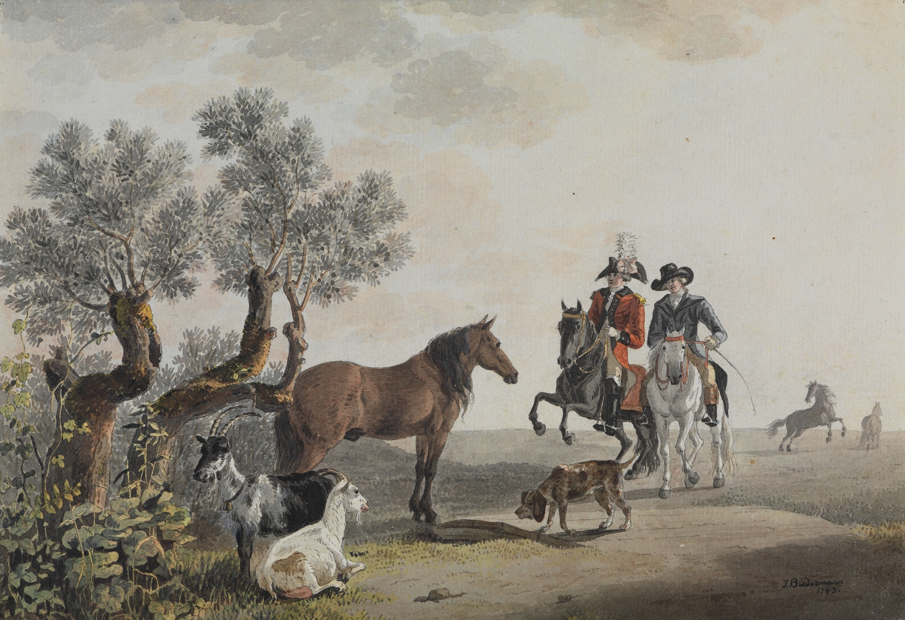 Landscape with two riders on a verdant path, oil painting by Johann Jakob Biedermann