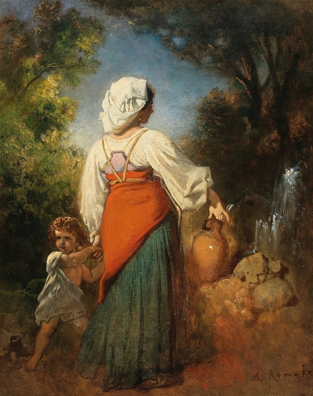 A mother and child at a fountain in Anton Romako's painting.