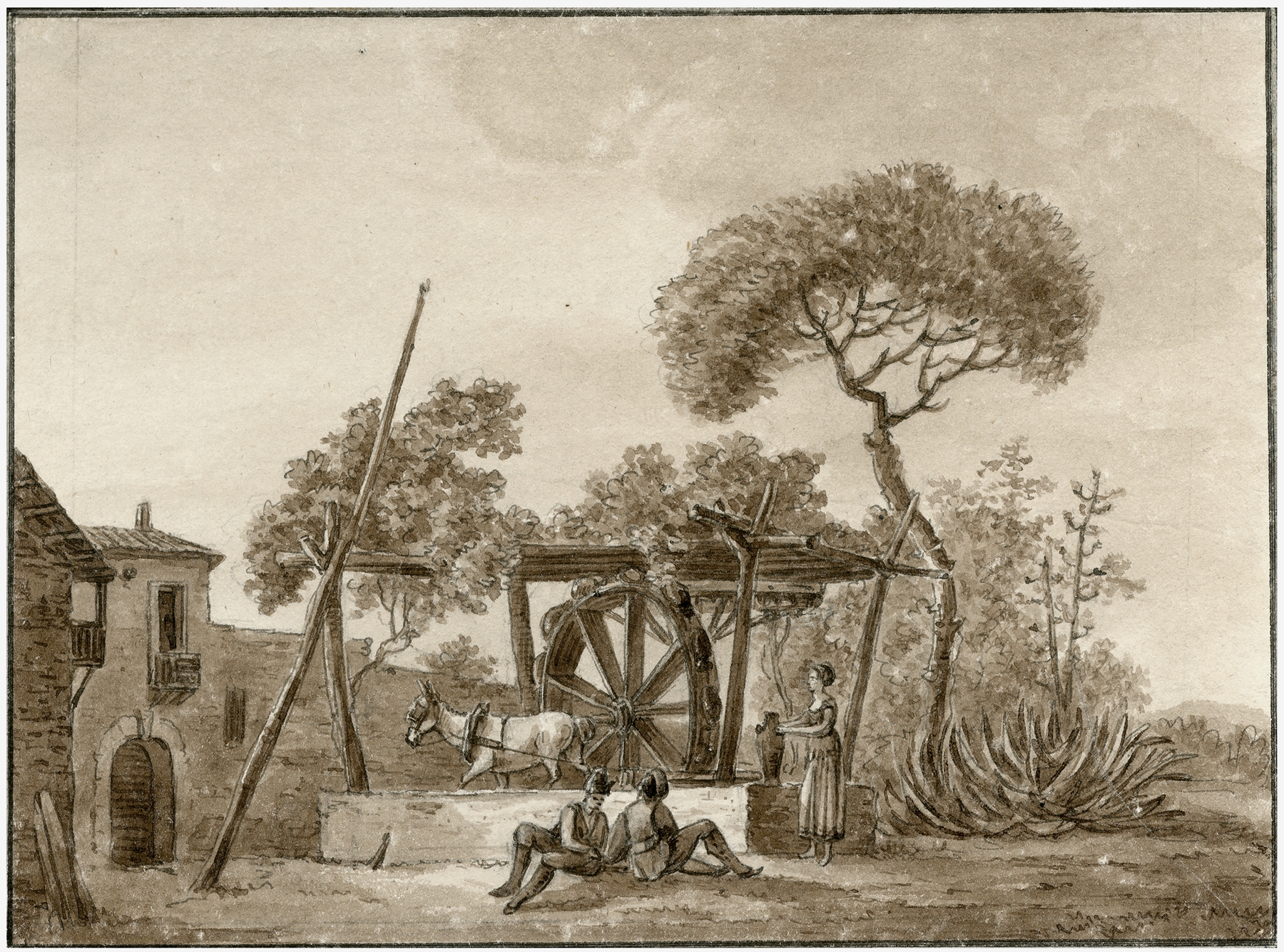 Landscape oil painting by Otto Howen depicting a water well with mechanical parts